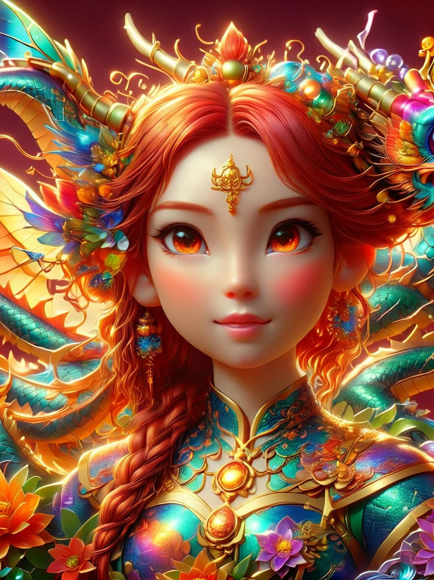 (彩虹色花草甸中休憩的Mecha Fairy:1.6)，whole body，Exquisite and beautiful（Super fine、masterpiece、best quality：1.4）1girl, Mecha Fairy，dynamic angle（Thinnest、masterpiece、best quality）、Best detailed face（most detailed，masterpiece，best quality：1.5），ultra-feminine（most detailed，masterpiece，best quality），Dragon Wings，Red hair，long hair，braid，Dynamic eye color，（Wearing a mecha：1.4），Rest in（Rainbow colored flower meadow：1.6），Full Color，（perfect spectrum：1.3），（Vibrant work：1.4）vibrant red，orange color，，green，blue，indigo，purple daylight，Sun rise，high detail，fantasy art, RPG 艺术best quality, 16k, [Super detailed], masterpiece, best quality, whole body, ultra wide angle lens, Realism, Mecha girl, anatomically correct, textured skin, high detail, 8k