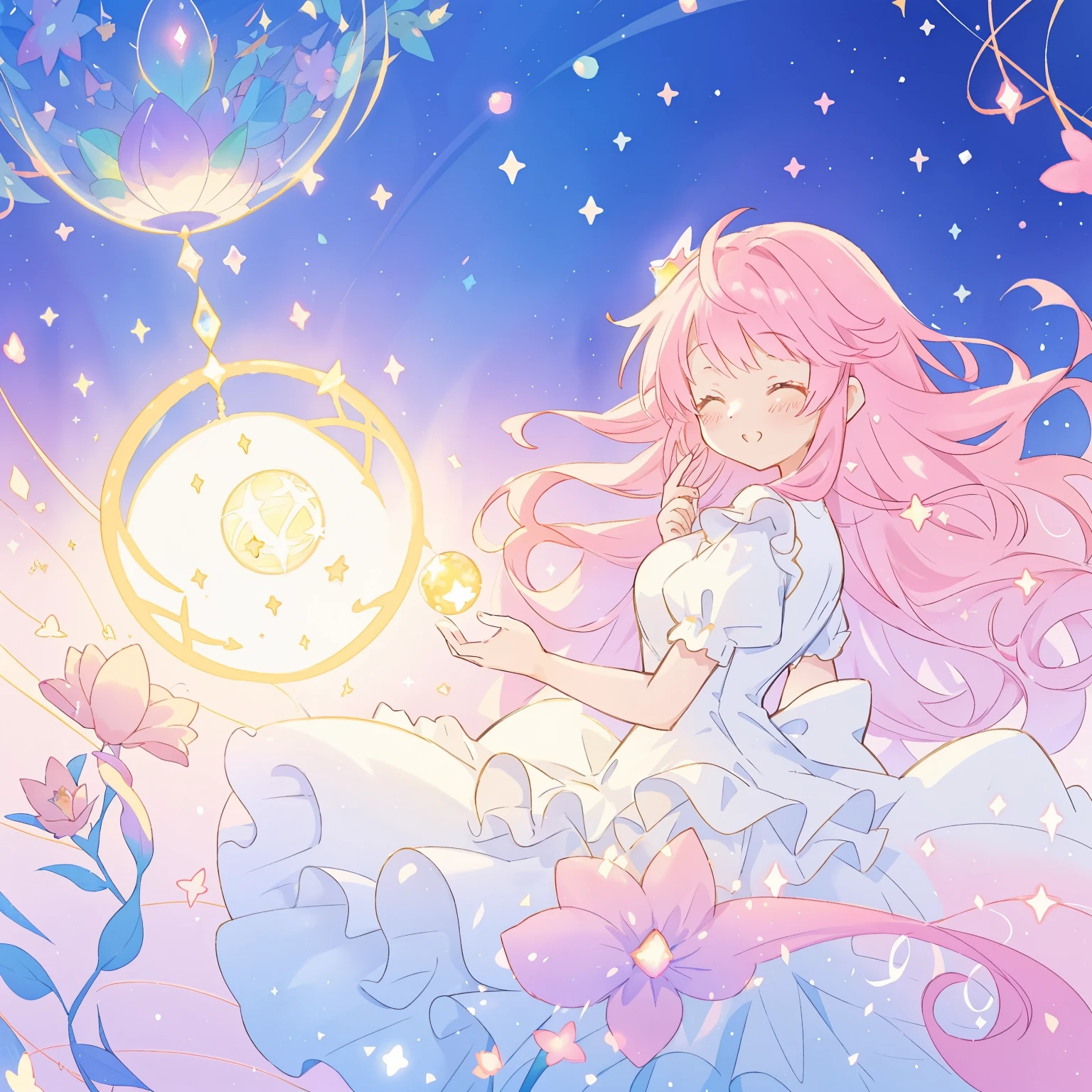 beautiful girl in sparkling white dress holding a magical sphere, ((sparkling puffy layered ballgown)), (magical, whimsical), (glowing magical orb), long flowing colorful hair, colorful fantasia background, watercolor illustration, disney art style, glowing aura around her, glowing lights, beautiful digital illustration, fantasia otherworldly landscape plants flowers, beautiful, masterpiece, best quality, anime disney style