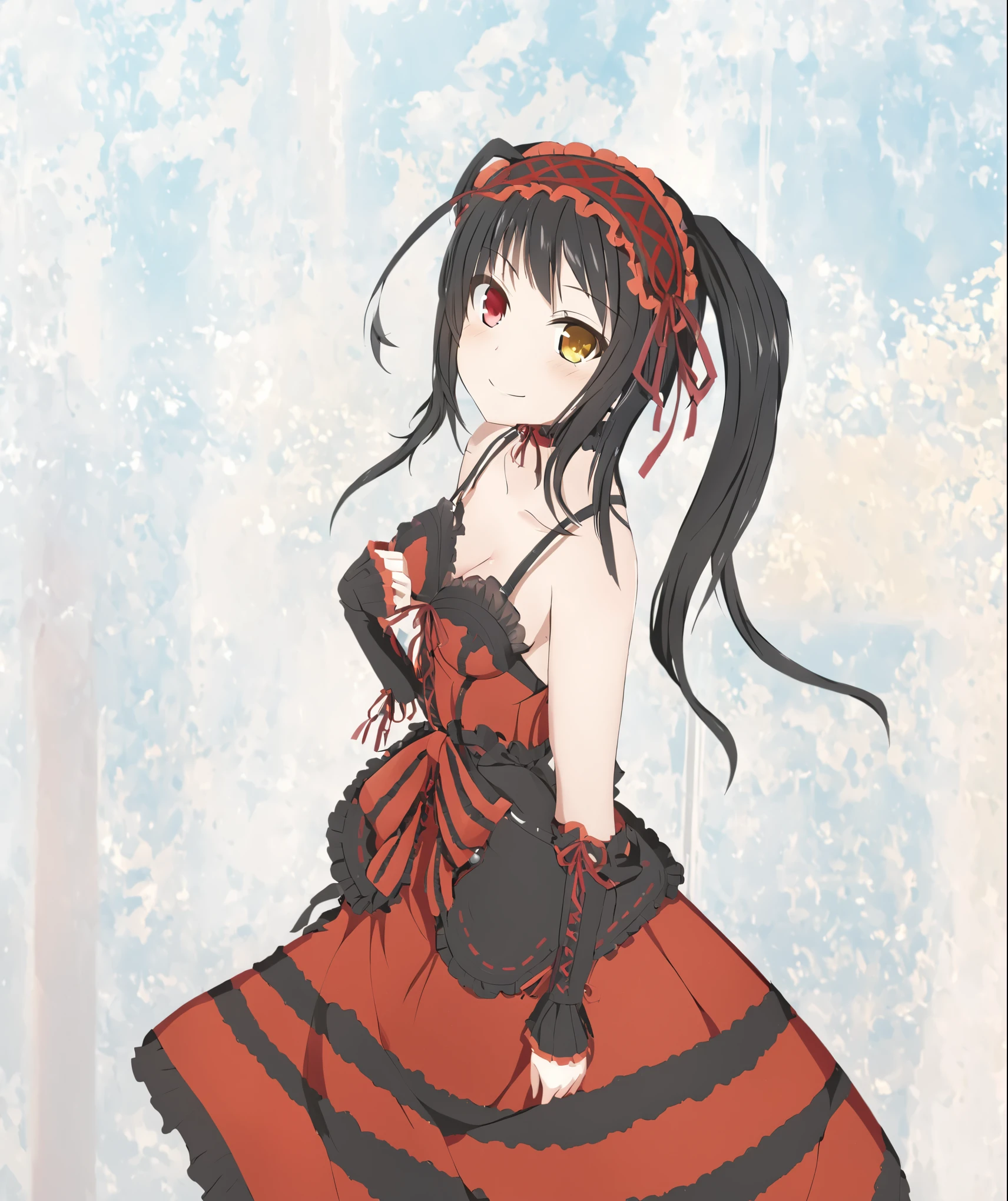 Kurumi Tokisaki, kurumi dress, KurumiBase, detached sleeves, frilled choker, 4k, kkkrumi\(double ponytail\), kkkrumi2Z\(hair over one eye\), kkkrumi\(gothic clothing\) , kkkrumi\(Hair Accessories\) , Evil smile,, higher angle, perspective, foreshortening, looking up, full body, full shot, dinamic pose, extremely detailed, clean lineart, neat, different red left eye and golden right eye, long hair, twin-tails, black hair, red and black ****ta dress, long black boots, black stockings, black garter belt), 1girl, tokisaki_kurumi, solo, twintails, breasts, clock_eyes, long_hair, black_hair, yellow_eyes, red_eyes, heterochromia, , hairband, ****ta_fashion, ****ta_hairband, symbol-shaped_pupils, floating_hair, collarbone, choker, ribbon, bare_shoulders, red_ribbon, dress