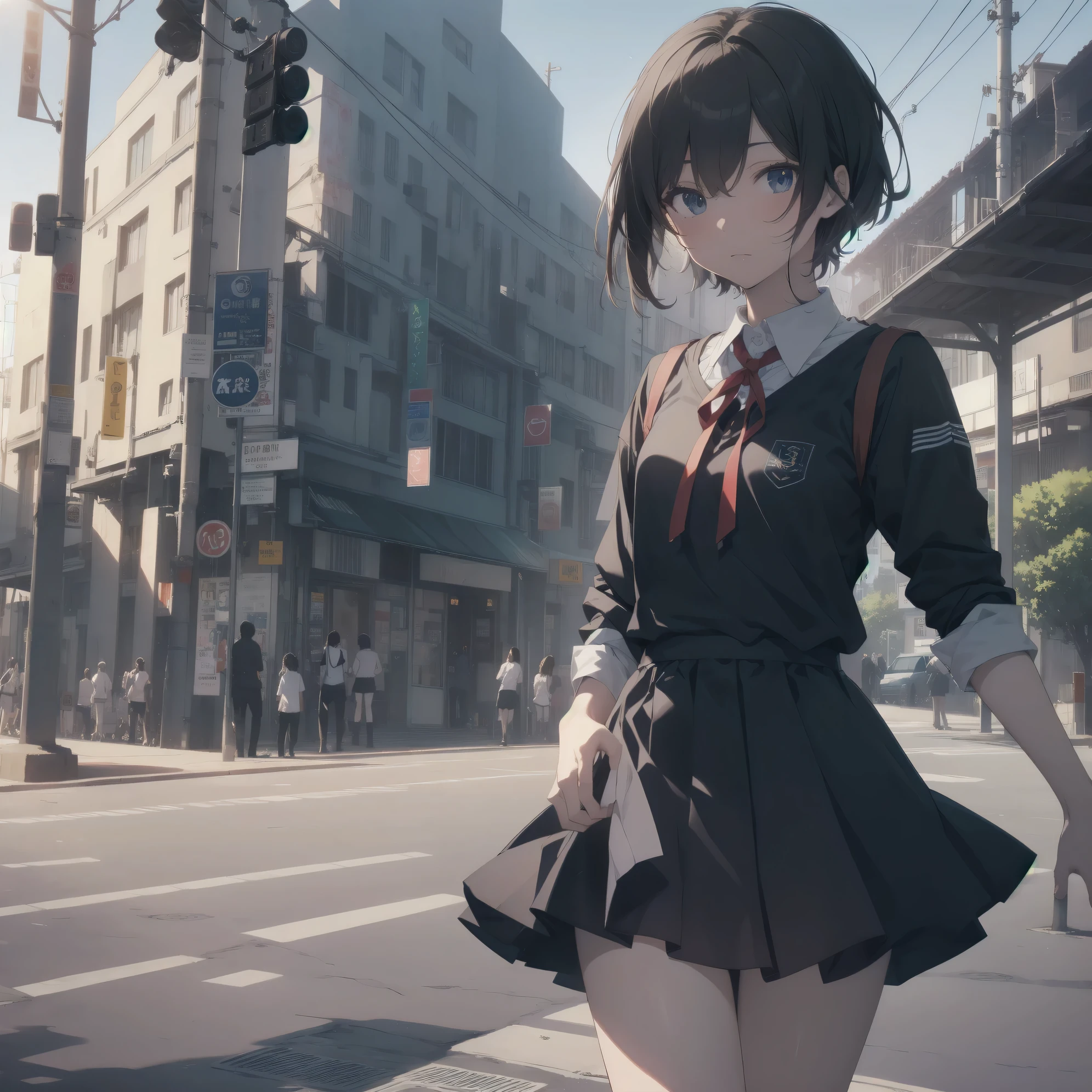 Super absurd quality by the god of art, Super detailed, High resolution, anime moe art style, best anime 8K konachan wallpaper, Pixiv contest winners, perfect anatomy, break, (眠そうにalone学校へ行く女の子を描いてください. )break,1 girl, (alone,little woman, cute face, 13 years old:1.3),All limbs, full finger,, The charm of an immature body, (very_short hair), shortcut, Bang, flat chest, small ass, between legs, small black eyes, detailed and beautiful eyes, Well-proportioned iris and pupils, expressive eyes, High resolutionの詳細な髪, neck ribbon, shirt, collared shirt, skirt, pleated skirt, school uniform, (detailed lighting), (detailed background),  On the way to school. break,super dense skin, Best cinematic lighting powered by famous artist, 8K,Beauty Illustration,photoshop_(Moderate),Absurd Hi-Res,UHD,rough skin,break,((artist:Fujiyama)), artist:Fujichoko,artist:Yamamoto_Soichiro,artist:hanekoto
