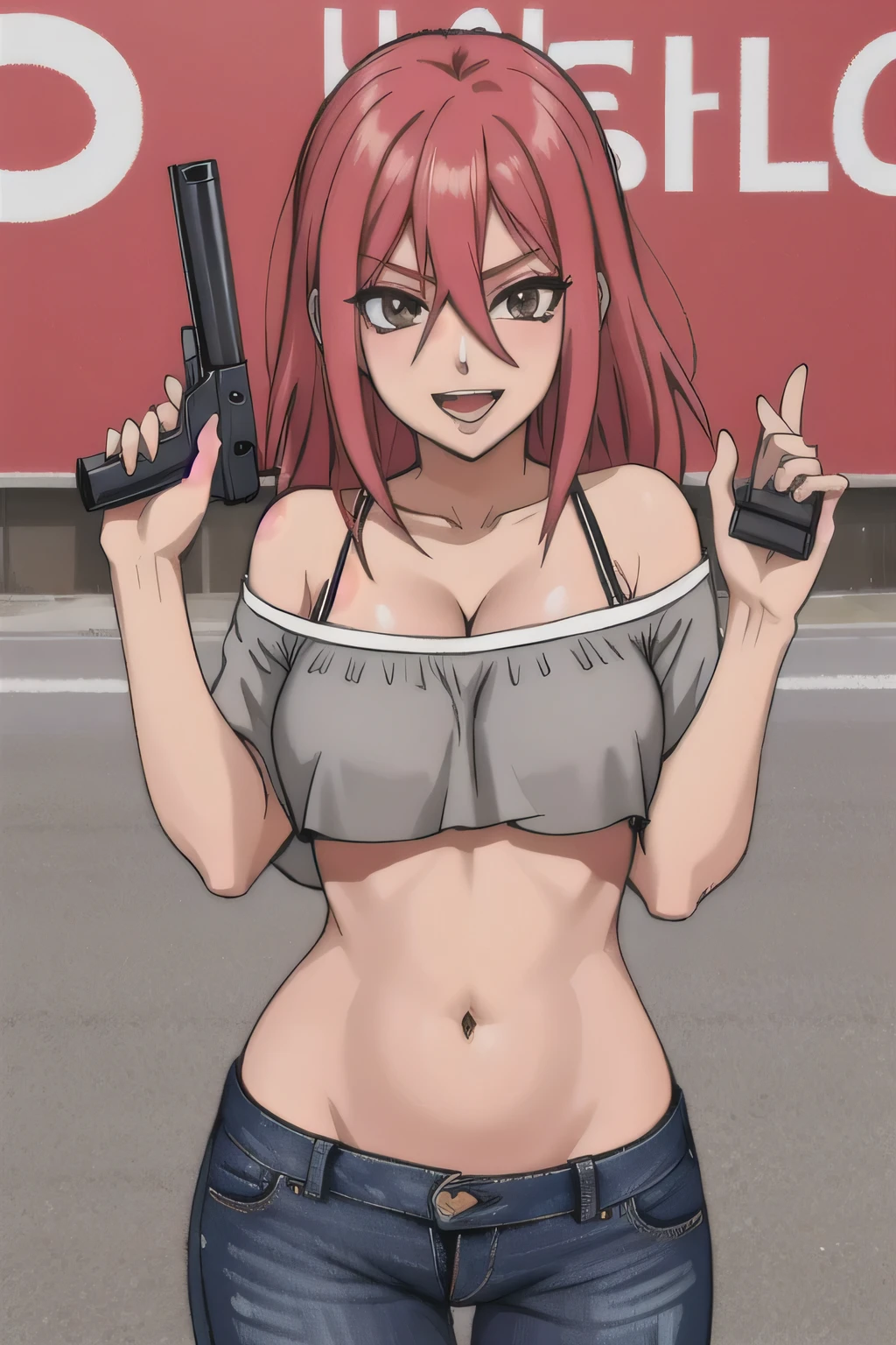 Tayuya, masterpiece,high quality,4k, bare shoulder,belly,crop top,outdoor,cleavage,jeans,casual
dress,street,road,smile, open mouth, (nsfw) not safe for work, holding a gun,handgun, evil expression,
exposed belly, exposed navel, exposed midriff, exposed lower belly, crop top overhang, underboob,
unbuttoned jeans , low rise black jeans, Low rise jeans, Low rise jeans with open fly, navel piercing