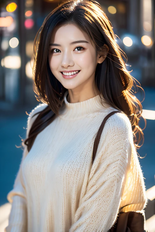 (masterpiece:1.2, highest quality), 1 female, noon, alone, photorealistic, whole body, small breasts, focus on face, 20-year-old,trendy clothes(fluffy,long sleeve,),realistic, powerful, intellectual, cute, fine eyes (sad look, brown eyes,smile) very detailed, long black hair, best CG, downtown Tokyo,city,