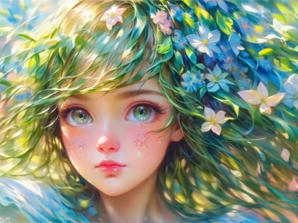 (best quality,ultra-detailed),beautiful detailed eyes, detailed lips, long eyelashes,girl, green garden,clear blue sky,bright sunlight,summer day,movement,delicate balance,crying expression,vibrant colors,marvelous moment,graceful,medium:oil painting,impressionistic style,soft brushstrokes,warm color palette,enchanted atmosphere