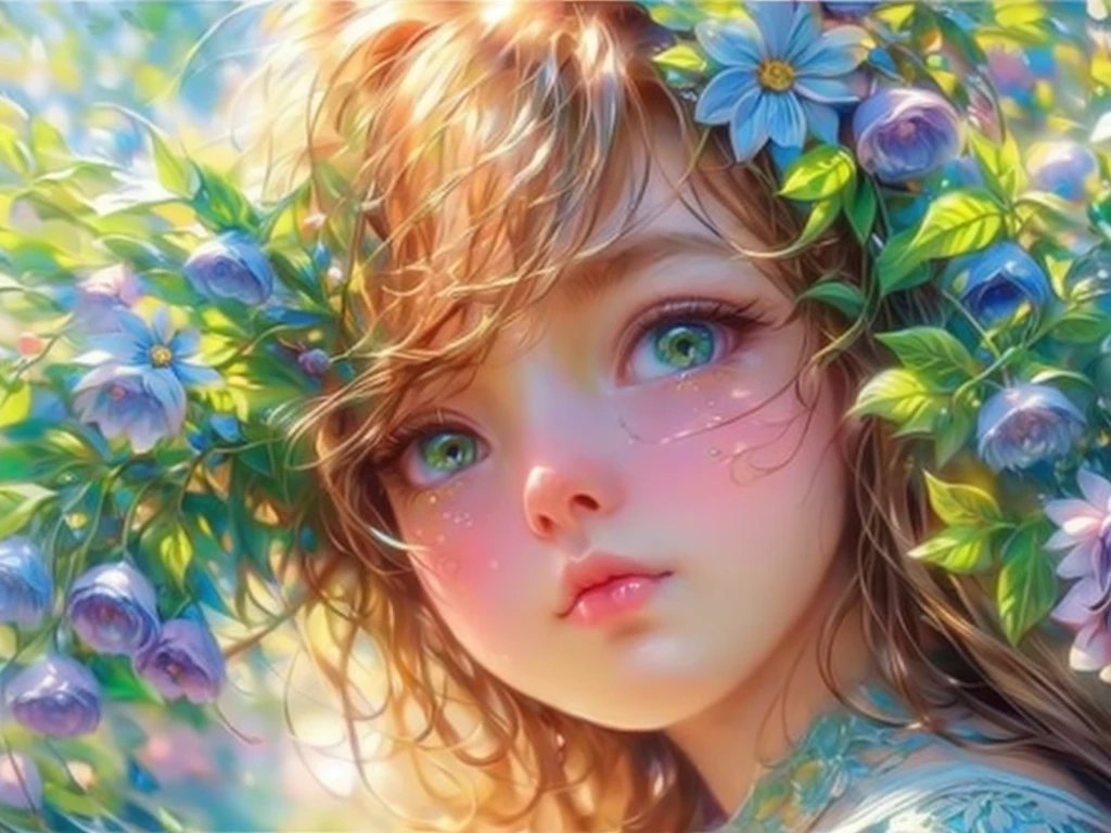 (best quality,ultra-detailed),beautiful detailed eyes, detailed lips, long eyelashes,girl, green garden,clear blue sky,bright sunlight,summer day,movement,delicate balance,crying expression,vibrant colors,marvelous moment,graceful,medium:oil painting,impressionistic style,soft brushstrokes,warm color palette,enchanted atmosphere