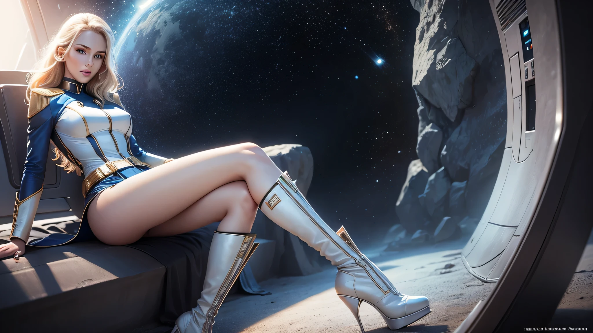 Very beautiful Caucasian woman, 37 years old, Star Trek Uniforms, very beautiful body, high boots that cover the knees, high heels, perfect body,(lie:1.3)