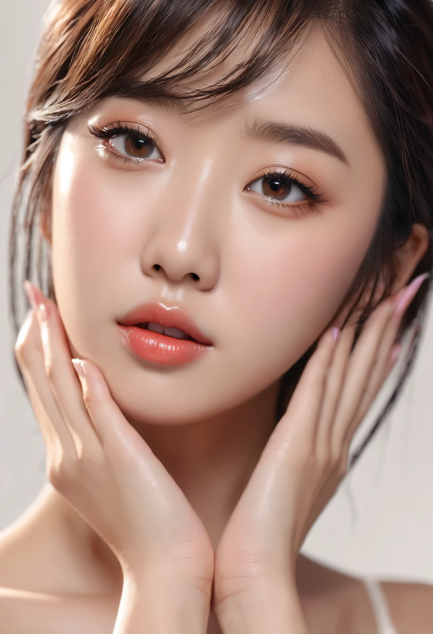 ulzzang-6500-v1.1, (foto cruda:1.2), (Fotorrealista), a beautiful detailed asian girl, (transparente:1.3), (Real: 1.4), ojos y rostro extremadamente detallados, hermosos ojos rojos detallados, vestido largo con clase、huge file size, high resolution, muy detallado, de primera calidad, [masterpiece:1.6], Lightning, muy detallado, nffsw, finamente detalle, de primera calidad, fondo de pantalla 8k, cinematic lighting, 1 chica en, 20 years, tipo de cuerpo perfecto, Cute droopy eyebeautiful big eyes、pieckfinger, ((mesa)), Mejor calidad, 1 chica en, sombra, parte superior del cuerpo, retrato, ((FOTO DE CUERPO COMPLETO:1.2)) woman&#39;s hand on chin