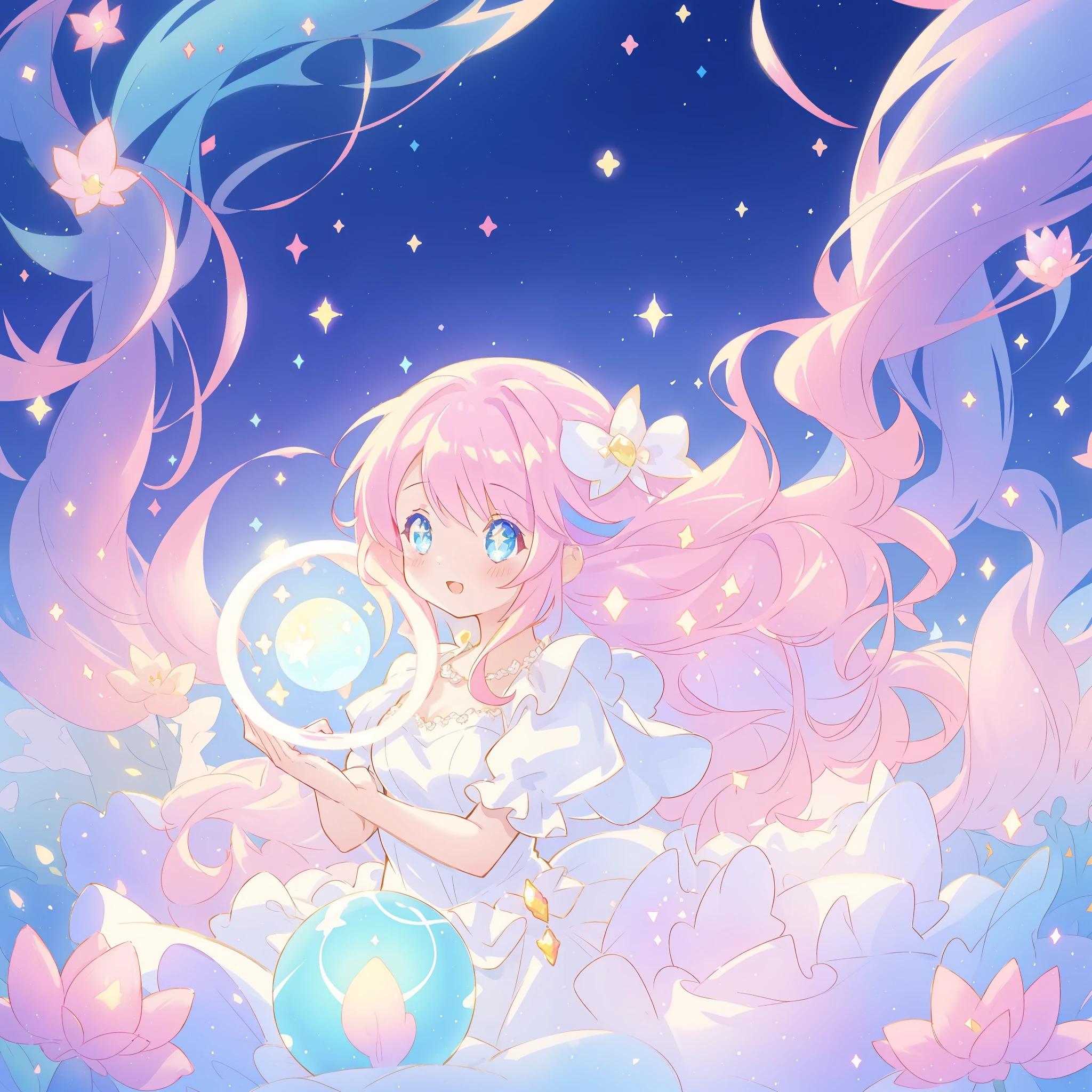 beautiful girl in sparkling white dress holding a magical sphere, ((sparkling puffy layered ballgown)), (magical, whimsical), (glowing magical orb), long flowing colorful hair, colorful fantasia background, watercolor illustration, disney art style, glowing aura around her, glowing lights, beautiful digital illustration, fantasia otherworldly landscape plants flowers, beautiful, masterpiece, best quality, anime disney style