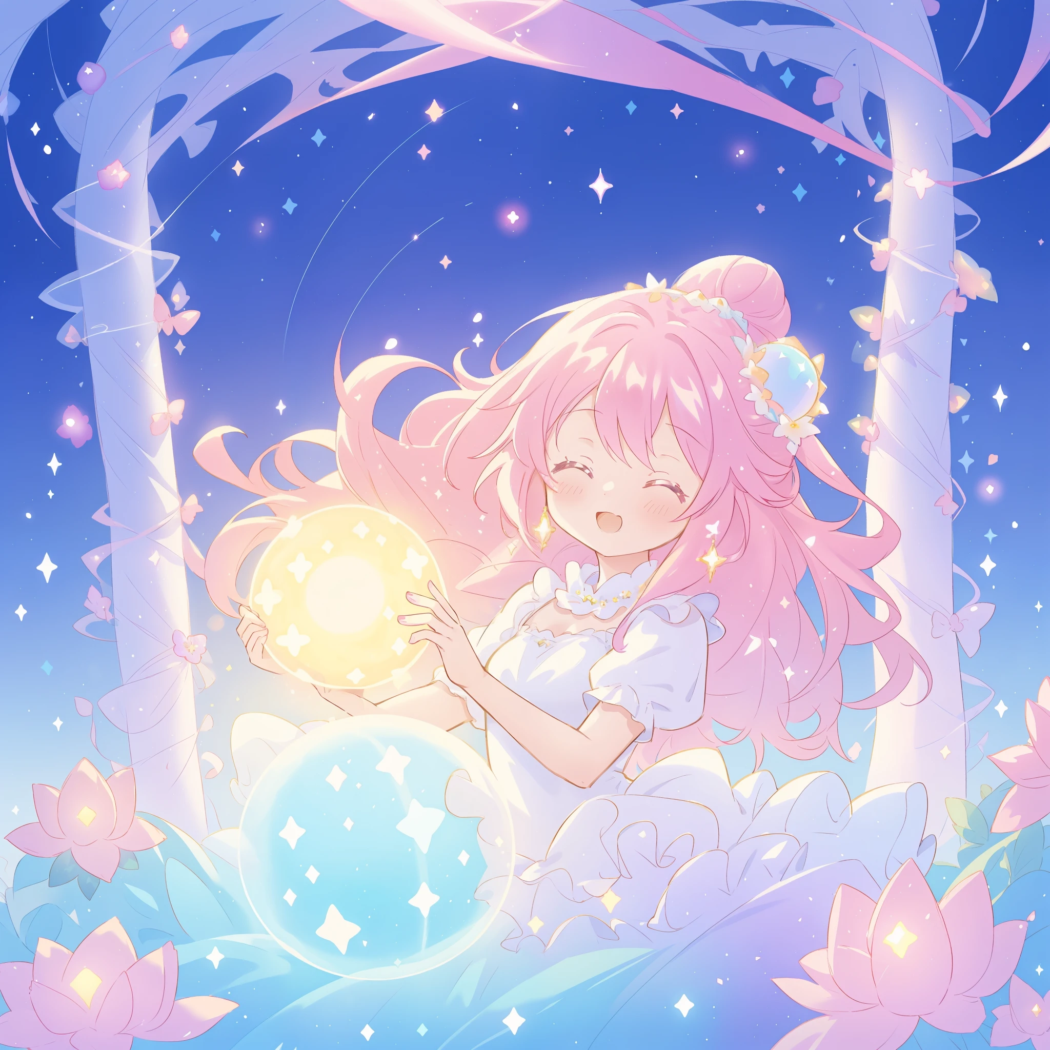 beautiful girl in sparkling white dress holding a magical sphere, ((sparkling puffy layered ballgown)), (magical, whimsical), (glowing magical orb), long flowing colorful hair, colorful fantasia background, watercolor illustration, disney art style, glowing aura around her, glowing lights, beautiful digital illustration, fantasia otherworldly landscape plants flowers, beautiful, masterpiece, best quality, anime disney style