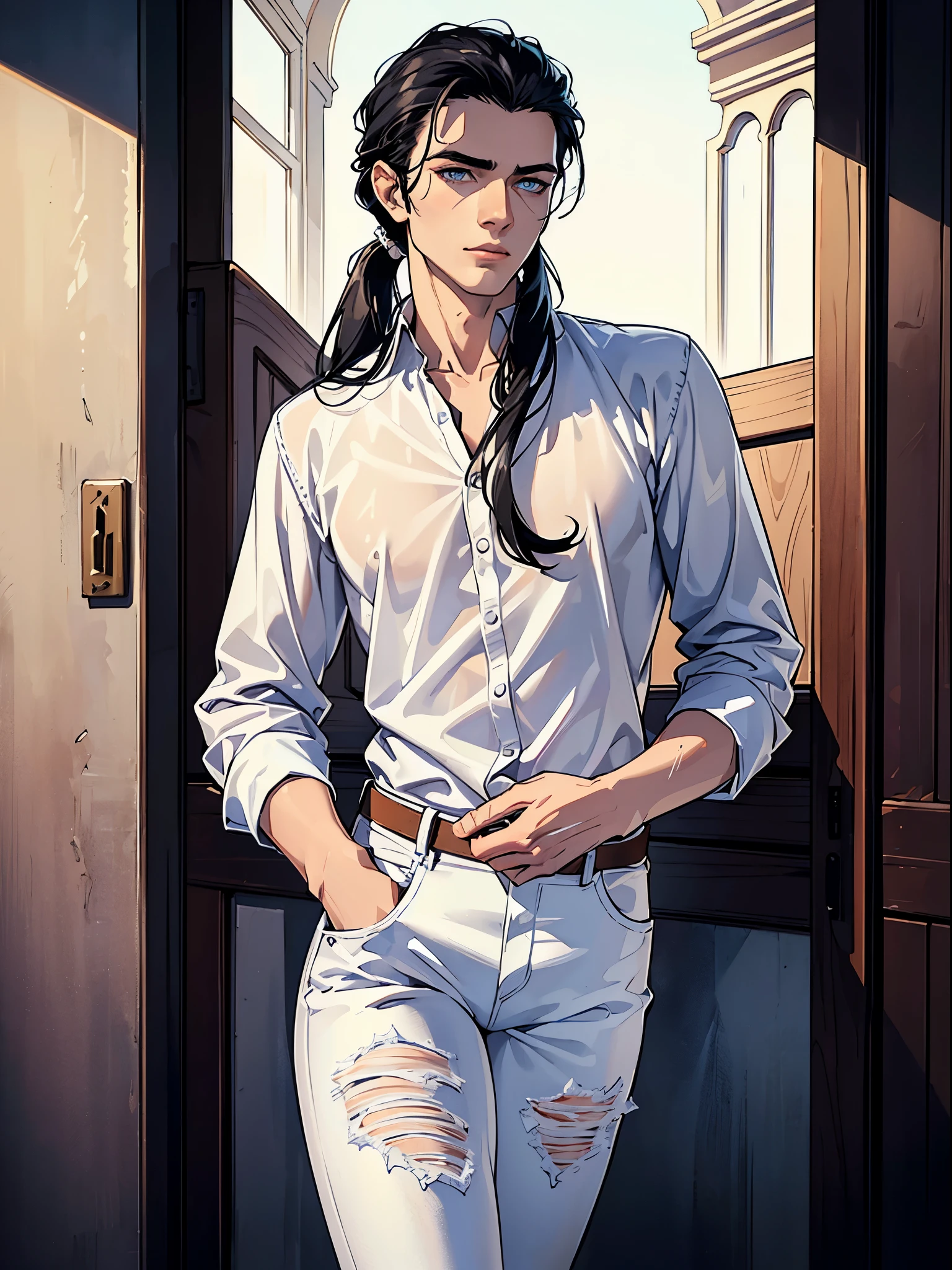 (best quality:1.4),masterpiece,ultra-detailed,delicate features,delicate skin,realism,beautiful lighting,cowboy shot,1man,black hair, pony tail,blue eyes ,tareme,long hair,white skin, white shirt, jeans