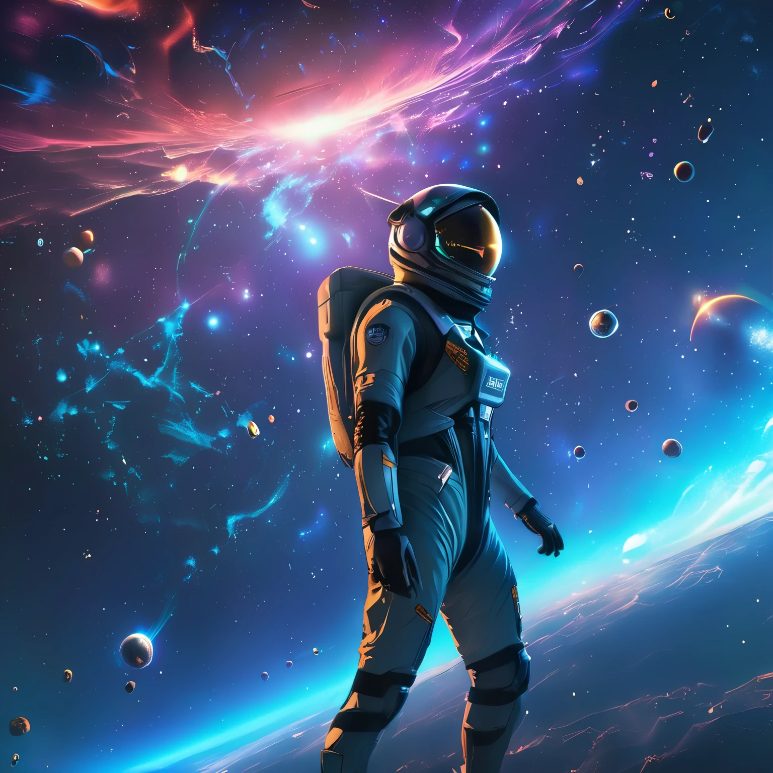 (best quality,4k,8k,highres,masterpiece:1.2),ultra-detailed,(realistic,photorealistic,photo-realistic:1.37),flying young person in space,illustration,starlit background,holographic suit,galaxy,stellar nebula,colorful cosmic clouds,zero gravity feel,serene expression,dynamic pose,glowing eyes,suspended hair,cyberpunk style,ethereal lighting,cosmic particles,immersive composition,artificial intelligence-generated digital artwork,cosmic exploration,pure and vibrant colors,deep space adventure,futuristic technology,flying through the unknown,limitless possibilities,awe-inspiring perspective,captivating visual effects,interstellar journey,humanity venturing into the cosmos,astounding sense of wonder,transcendent experience.