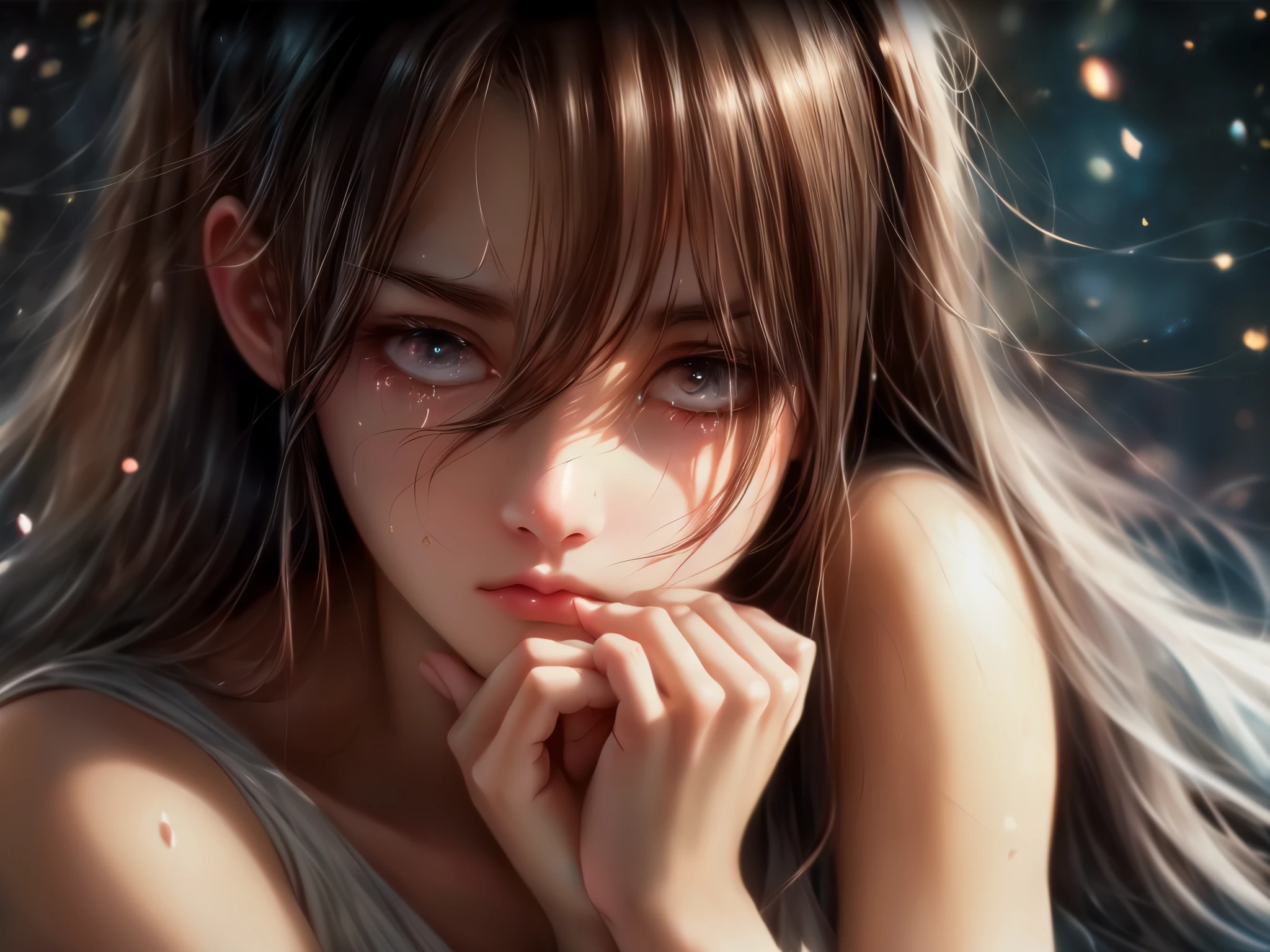 (best quality,4k,8k,highres,masterpiece:1.2),ultra-detailed,(realistic,photorealistic,photo-realistic:1.37),A crying girl with tears streaming down her face,eyes filled with sadness,beautiful detailed eyes,worried expression,pale skin,flowing dark hair,teardrops rolling down her cheeks,gentle touch,hands covering her mouth,soft skin,muted colors,faint lighting,emotional,lonely girl in a dimly lit room,soft and delicate brushstrokes,subtle textures,somber atmosphere.