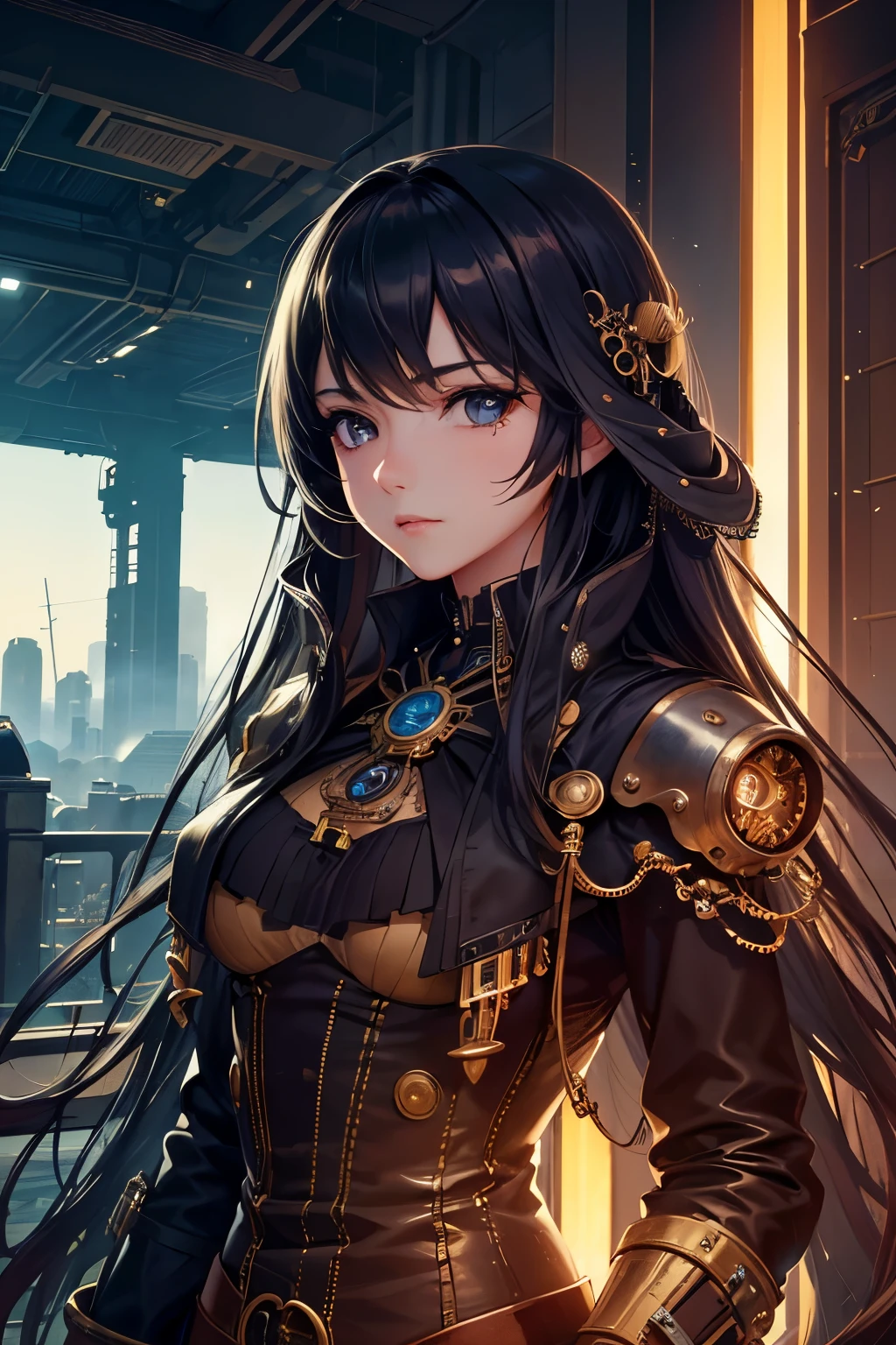 8K quality:1.2,1girl,sense of deps,disorganized,catch light,Super beautiful illustration,long straight hair,beautiful face,detailed face,Super beautiful woman,steampunk,adventurer.covered in endless gears,vapor,near future,SF,pipe,vapor町,Rebar