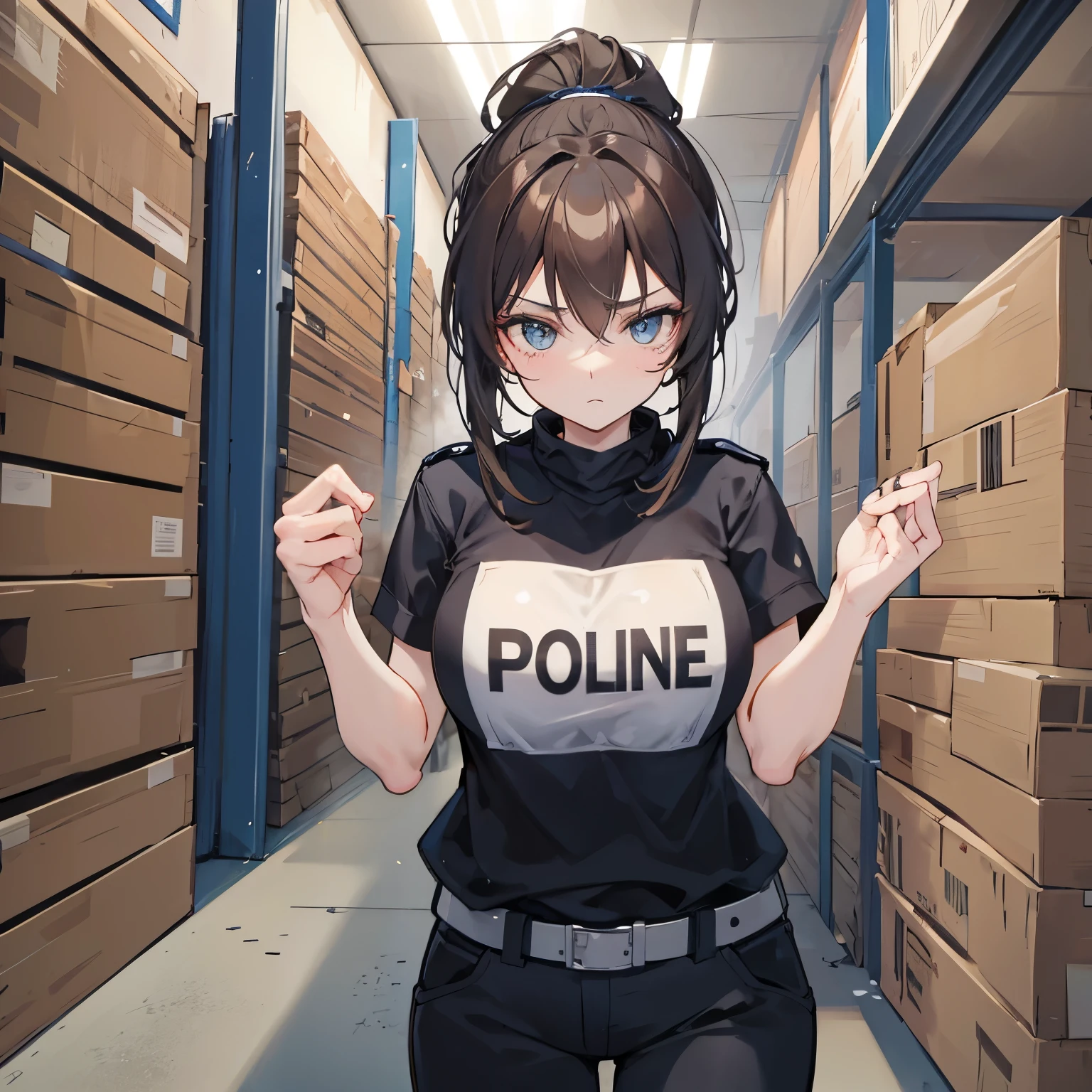 Brunette police woman with long hair in ponytail breaking into warehouse to catch criminal