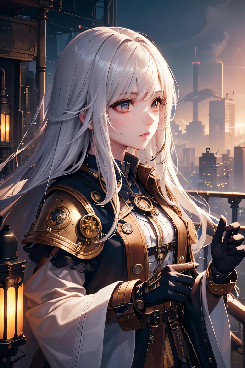 8K quality:1.2,1girl,sense of deps,disorganized,catch light,Super beautiful illustration,long straight hair,beautiful face,detailed face,Super beautiful woman,steampunk,adventurer.covered in endless gears,vapor,near future,SF,pipe,vapor町,Rebar