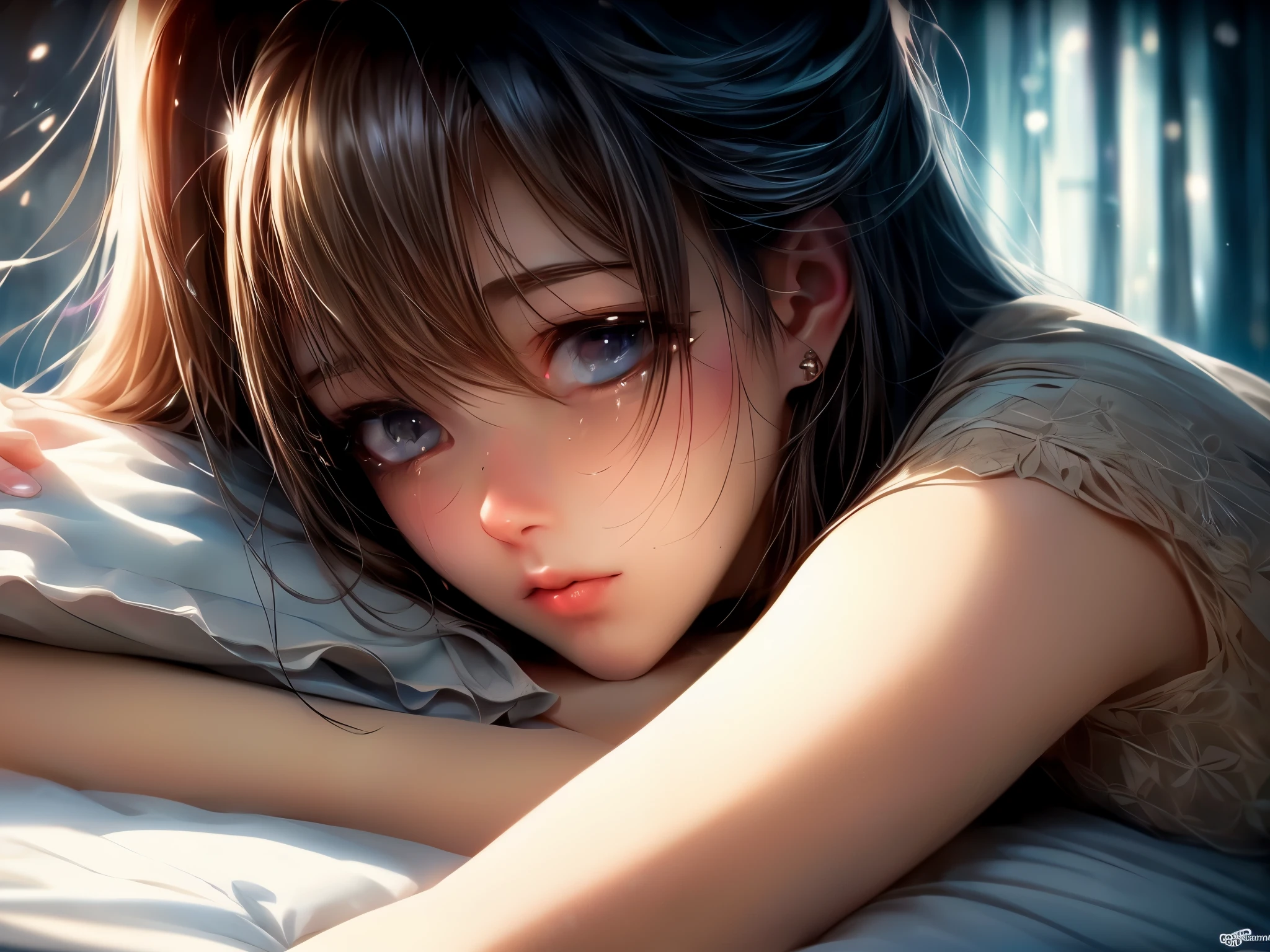 (best quality,4k,8k,highres,masterpiece:1.2),ultra-detailed,(realistic,photorealistic,photo-realistic:1.37),A crying girl with tears streaming down her face,eyes filled with sadness,beautiful detailed eyes,worried expression,pale skin,flowing dark hair,teardrops rolling down her cheeks,gentle touch,hands covering her mouth,soft skin,muted colors,faint lighting,emotional,lonely girl in a dimly lit room,soft and delicate brushstrokes,subtle textures,somber atmosphere.