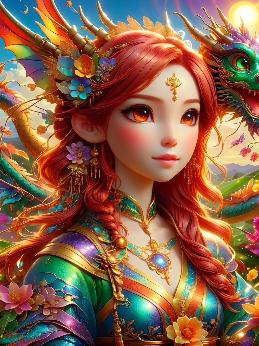 (彩虹色花草甸中休憩的Mecha Fairy:1.6)，whole body，Exquisite and beautiful（Super fine、masterpiece、best quality：1.4）1girl, Mecha Fairy，dynamic angle（Thinnest、masterpiece、best quality）、Best detailed face（most detailed，masterpiece，best quality：1.5），ultra-feminine（most detailed，masterpiece，best quality），Dragon Wings，Red hair，long hair，braid，Dynamic eye color，（Wearing a mecha：1.4），Rest in（Rainbow colored flower meadow：1.6），Full Color，（perfect spectrum：1.3），（Vibrant work：1.4）vibrant red，orange color，，green，blue，indigo，purple daylight，Sun rise，high detail，fantasy art, RPG 艺术best quality, 16k, [Super detailed], masterpiece, best quality, whole body, ultra wide angle lens, Realism, Mecha girl, anatomically correct, textured skin, high detail, 8k