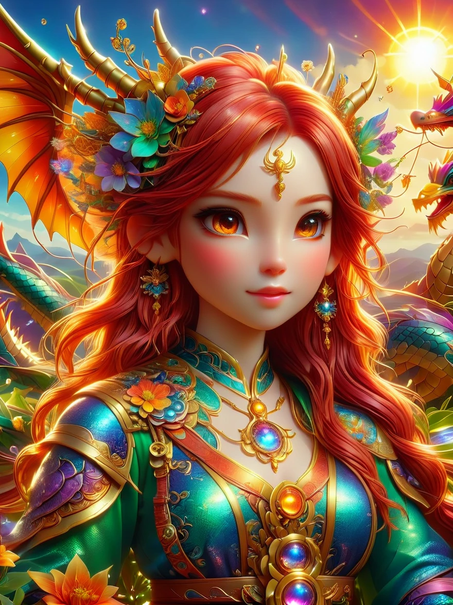 (彩虹色花草甸中休憩的Mecha Fairy:1.6)，whole body，Exquisite and beautiful（Super fine、masterpiece、best quality：1.4）1girl, Mecha Fairy，dynamic angle（Thinnest、masterpiece、best quality）、Best detailed face（most detailed，masterpiece，best quality：1.5），ultra-feminine（most detailed，masterpiece，best quality），Dragon Wings，Red hair，long hair，braid，Dynamic eye color，（Wearing a mecha：1.4），Rest in（Rainbow colored flower meadow：1.6），Full Color，（perfect spectrum：1.3），（Vibrant work：1.4）vibrant red，orange color，，green，blue，indigo，purple daylight，Sun rise，high detail，fantasy art, RPG 艺术best quality, 16k, [Super detailed], masterpiece, best quality, whole body, ultra wide angle lens, Realism, Mecha girl, anatomically correct, textured skin, high detail, 8k
