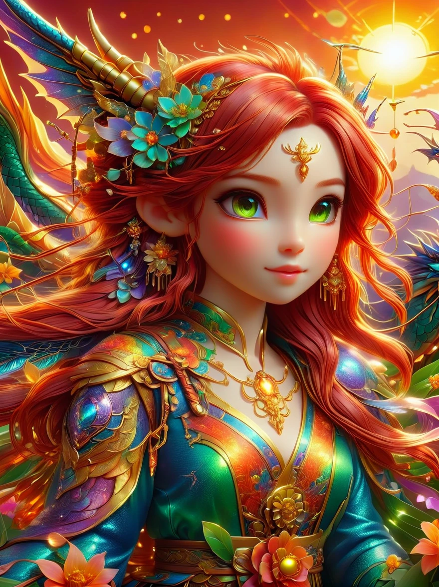 (彩虹色花草甸中休憩的Mecha Fairy:1.6)，whole body，Exquisite and beautiful（Super fine、masterpiece、best quality：1.4）1girl, Mecha Fairy，dynamic angle（Thinnest、masterpiece、best quality）、Best detailed face（most detailed，masterpiece，best quality：1.5），ultra-feminine（most detailed，masterpiece，best quality），Dragon Wings，Red hair，long hair，braid，Dynamic eye color，（Wearing a mecha：1.4），Rest in（Rainbow colored flower meadow：1.6），Full Color，（perfect spectrum：1.3），（Vibrant work：1.4）vibrant red，orange color，，green，blue，indigo，purple daylight，Sun rise，high detail，fantasy art, RPG 艺术best quality, 16k, [Super detailed], masterpiece, best quality, whole body, ultra wide angle lens, Realism, Mecha girl, anatomically correct, textured skin, high detail, 8k