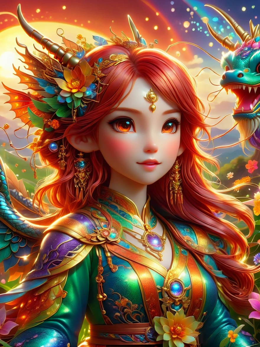 (彩虹色花草甸中休憩的Mecha Fairy:1.6)，whole body，Exquisite and beautiful（Super fine、masterpiece、best quality：1.4）1girl, Mecha Fairy，dynamic angle（Thinnest、masterpiece、best quality）、Best detailed face（most detailed，masterpiece，best quality：1.5），ultra-feminine（most detailed，masterpiece，best quality），Dragon Wings，Red hair，long hair，braid，Dynamic eye color，（Wearing a mecha：1.4），Rest in（Rainbow colored flower meadow：1.6），Full Color，（perfect spectrum：1.3），（Vibrant work：1.4）vibrant red，orange color，，green，blue，indigo，purple daylight，Sun rise，high detail，fantasy art, RPG 艺术best quality, 16k, [Super detailed], masterpiece, best quality, whole body, ultra wide angle lens, Realism, Mecha girl, anatomically correct, textured skin, high detail, 8k