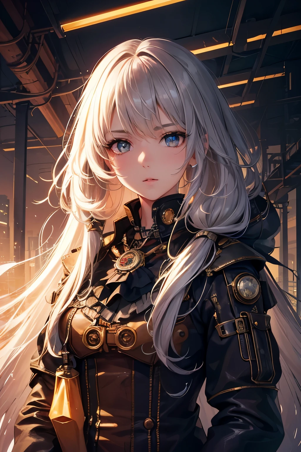 8K quality:1.2,1girl,sense of deps,disorganized,catch light,Super beautiful illustration,long straight hair,beautiful face,detailed face,Super beautiful woman,steampunk,adventurer.covered in endless gears,vapor,near future,SF,pipe,vapor町,Rebar