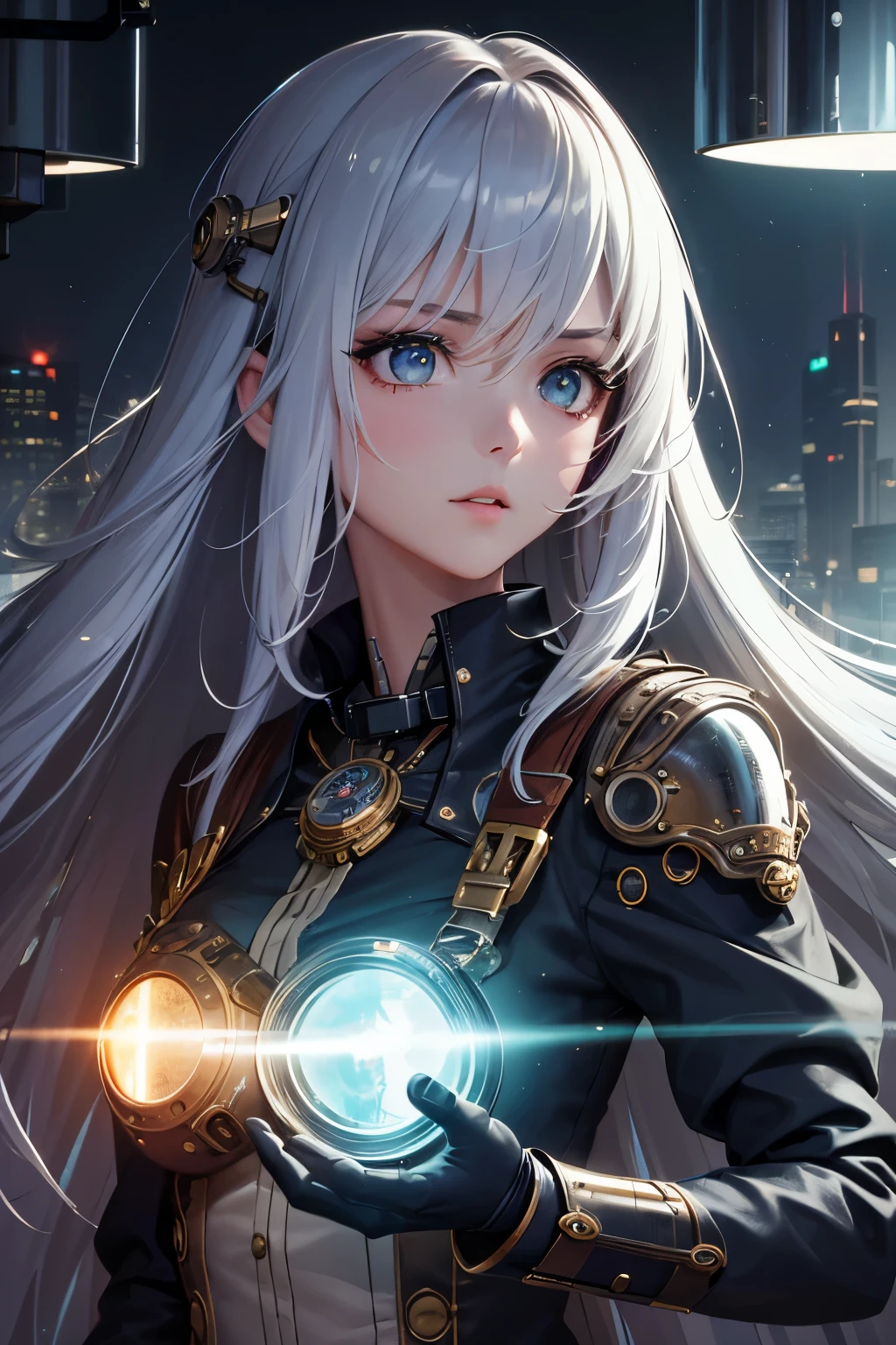 8K quality:1.2,1girl,sense of deps,disorganized,catch light,Super beautiful illustration,long straight hair,beautiful face,detailed face,Super beautiful woman,steampunk,adventurer.covered in endless gears,vapor,near future,SF,pipe,vapor町,Rebar
