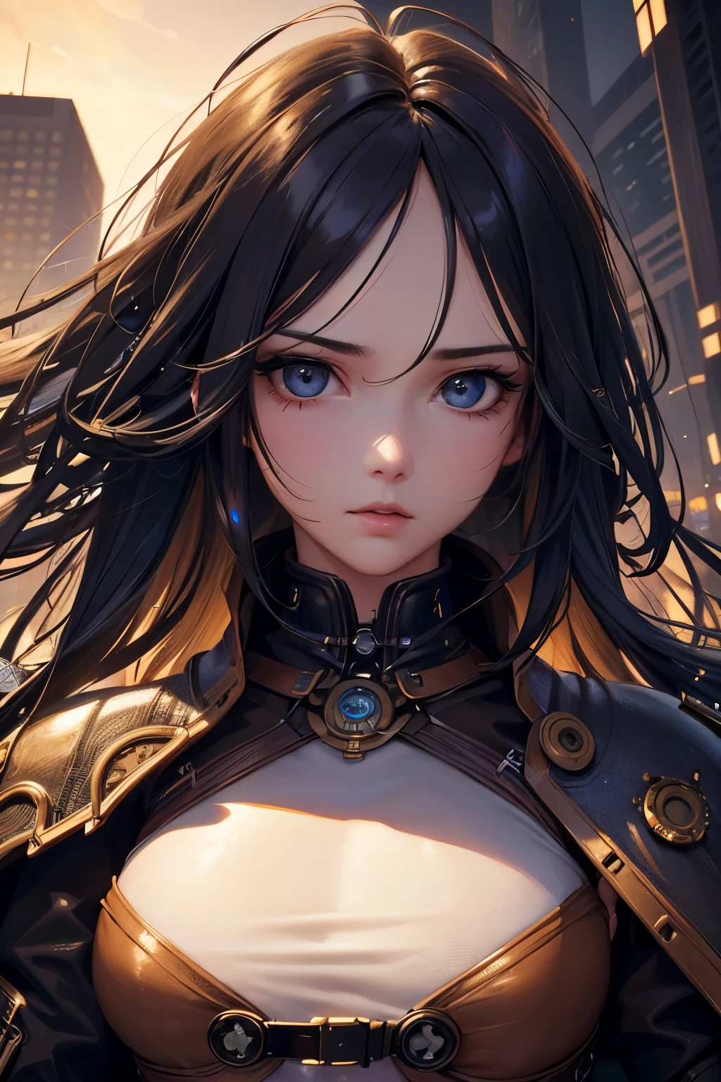 8K quality:1.2,1girl,sense of deps,disorganized,catch light,Super beautiful illustration,long straight hair,beautiful face,detailed face,Super beautiful woman,steampunk,adventurer.covered in endless gears,vapor,near future,SF,pipe,vapor町,Rebar