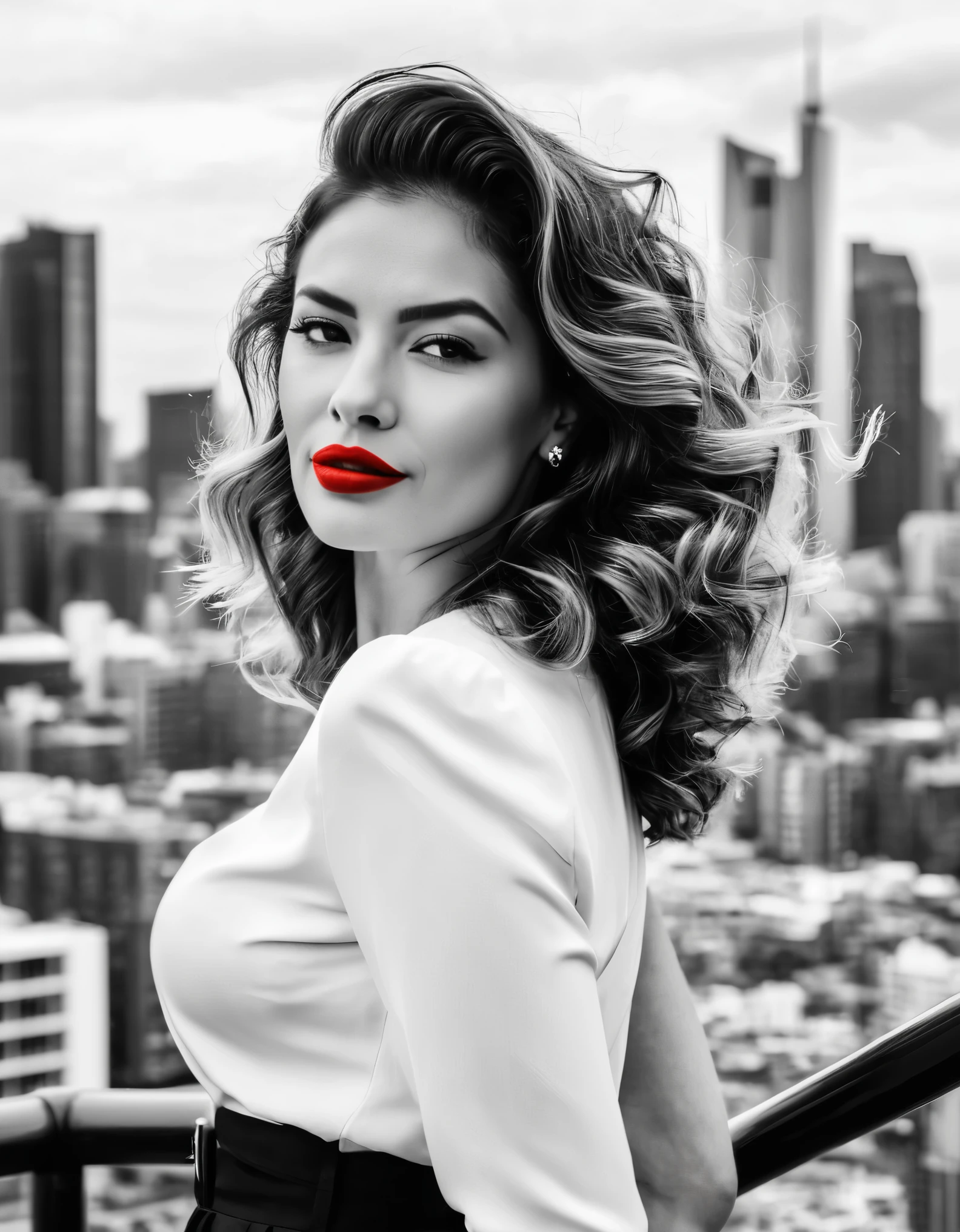 A confident woman with tousled waves and bold red lipstick, standing before a monochrome cityscape backdrop.