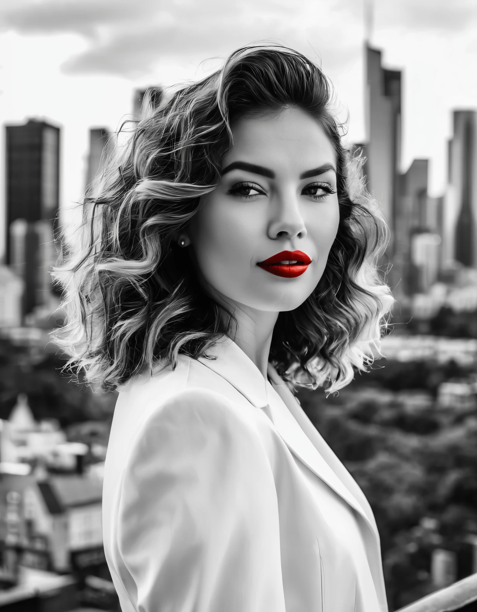 A confident woman with tousled waves and bold red lipstick, standing before a monochrome cityscape backdrop.