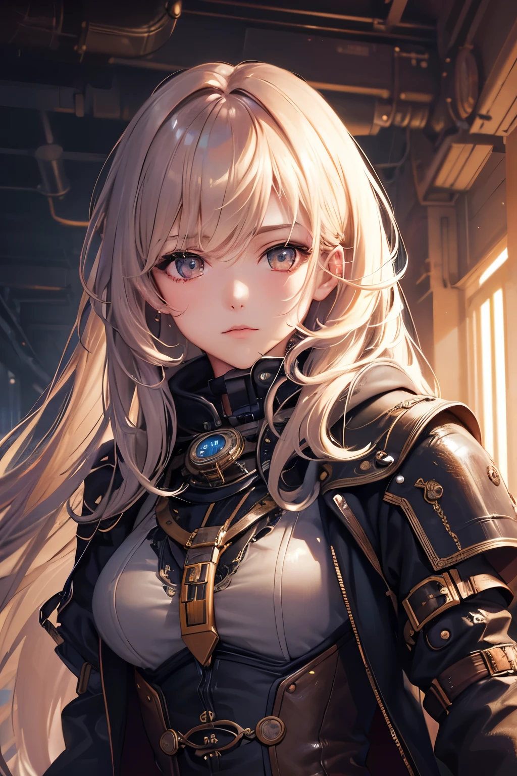 8K quality:1.2,1girl,sense of deps,disorganized,catch light,Super beautiful illustration,long straight hair,beautiful face,detailed face,Super beautiful woman,steampunk,adventurer.covered in endless gears,vapor,near future,SF,pipe,vapor町,Rebar