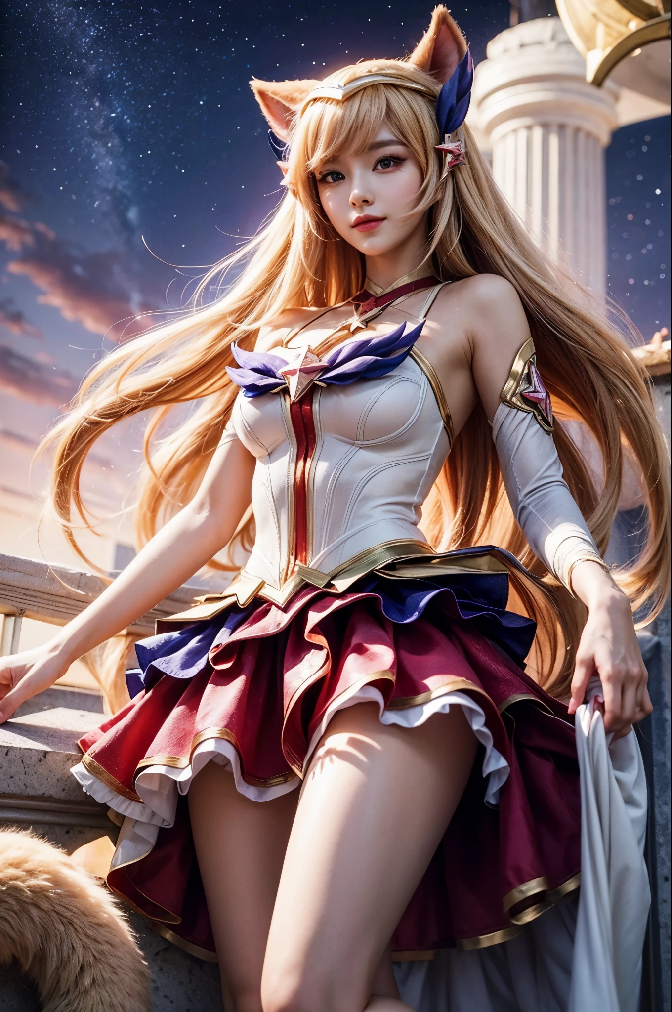 (masterpiece, best quality:1.2), intricate details,  star guardian ahri, 1girl, animal ears, hair ornament, detached sleeves, bare shoulders, skirt, magical girl, multiple tails, blonde hair, light smile