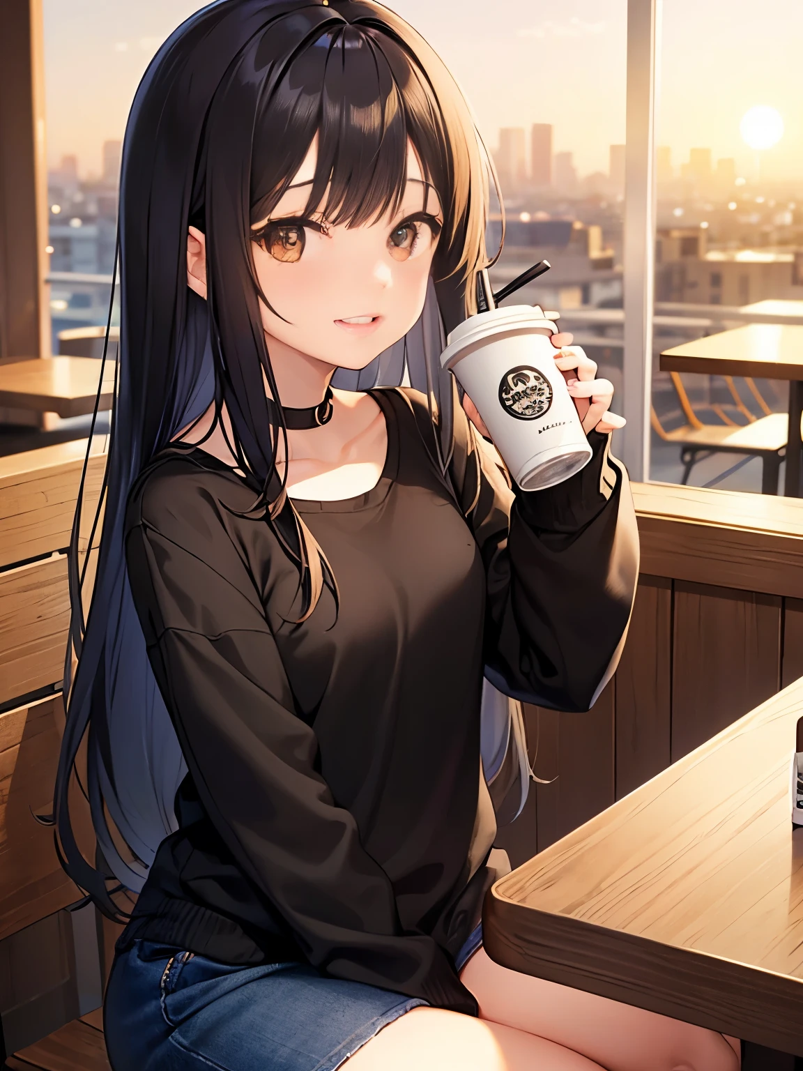 black hair girl、Wavy Hair、cafes、