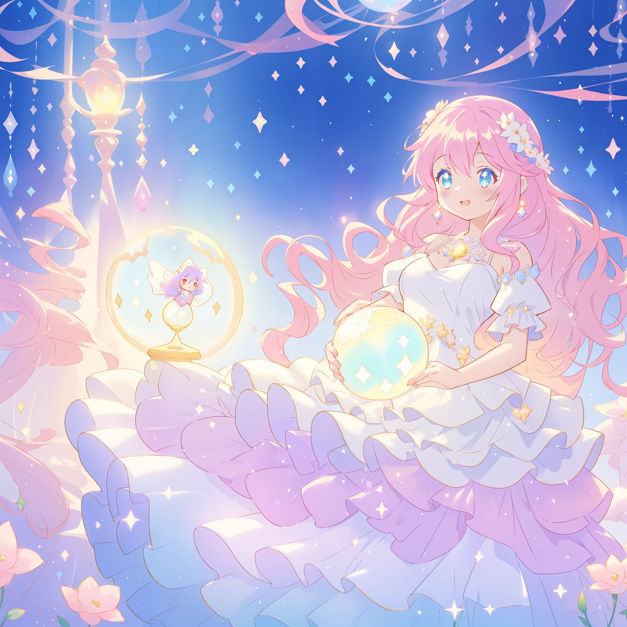 beautiful girl in sparkling white dress holding a magical sphere, ((sparkling puffy layered ballgown)), (magical, whimsical), (glowing magical orb), long flowing colorful hair, colorful fantasia background, watercolor illustration, disney art style, glowing aura around her, glowing lights, beautiful digital illustration, fantasia otherworldly landscape plants flowers, beautiful, masterpiece, best quality, anime disney style