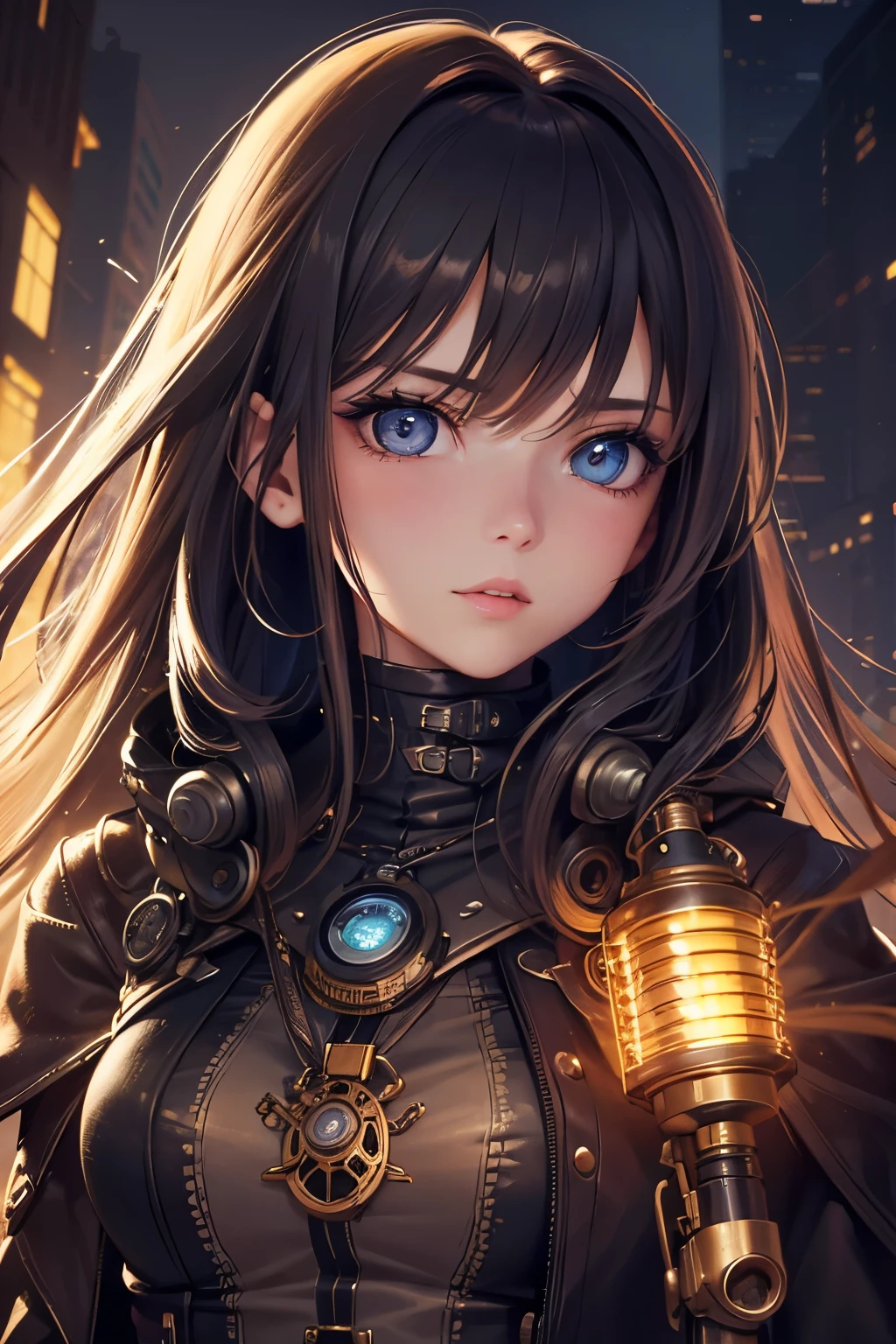 8K quality:1.2,1girl,sense of deps,disorganized,catch light,Super beautiful illustration,long straight hair,beautiful face,detailed face,Super beautiful woman,steampunk,adventurer.covered in endless gears,vapor,near future,SF,pipe,vapor町,Rebar