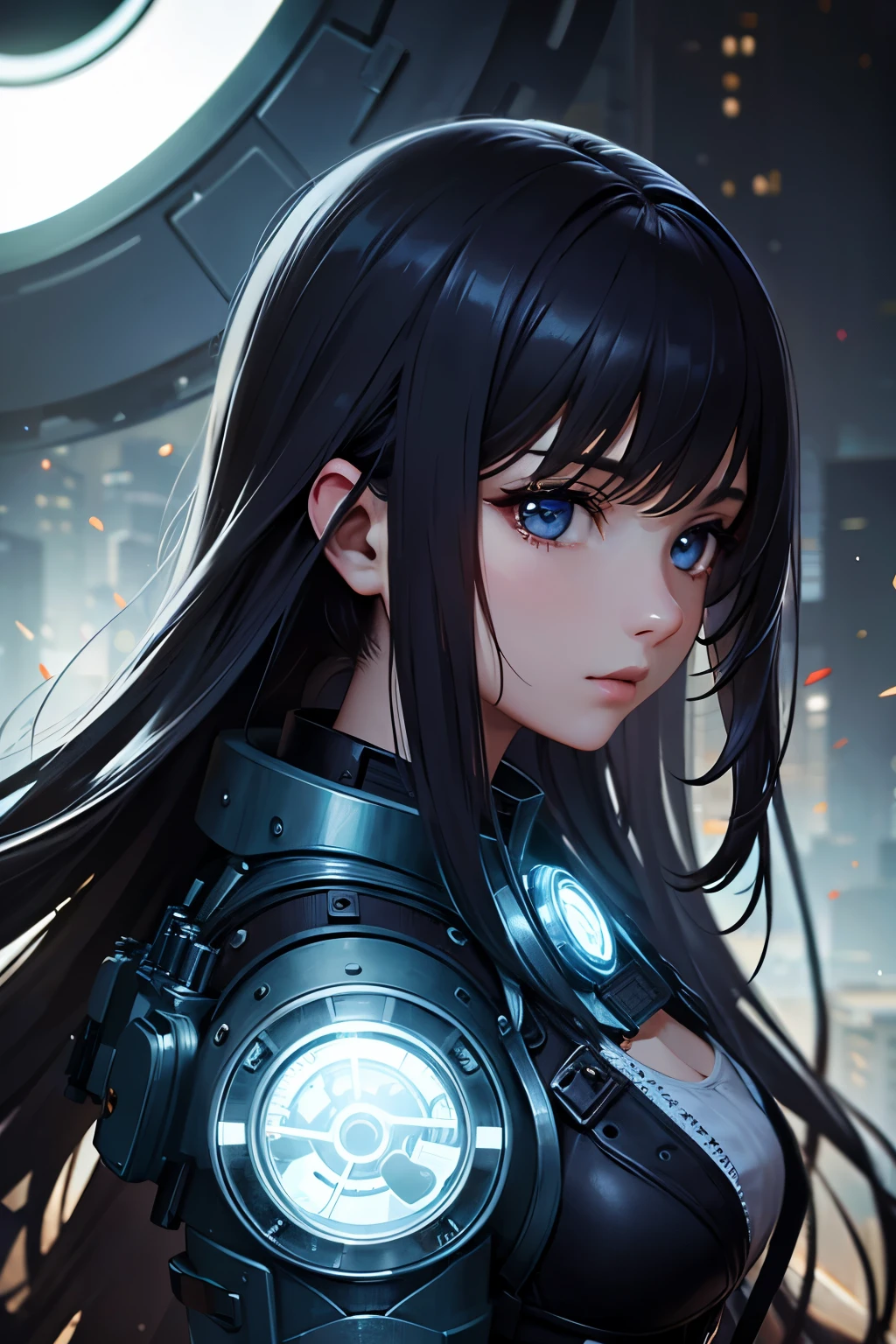 8K quality:1.2,1girl,sense of deps,disorganized,catch light,Super beautiful illustration,long straight hair,beautiful face,detailed face,Super beautiful woman,steampunk,adventurer.covered in endless gears,vapor,near future,SF,pipe,vapor町,Rebar
