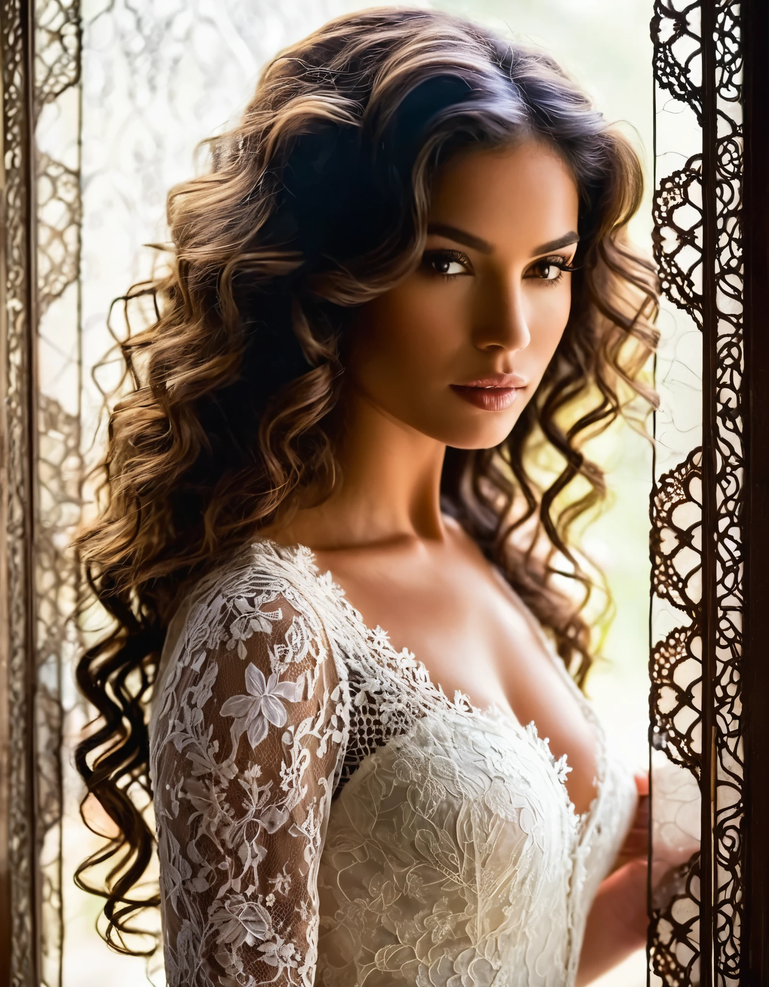 A mysterious beauty with dark, wavy locks and a smoldering stare, framed by delicate lace patterns.