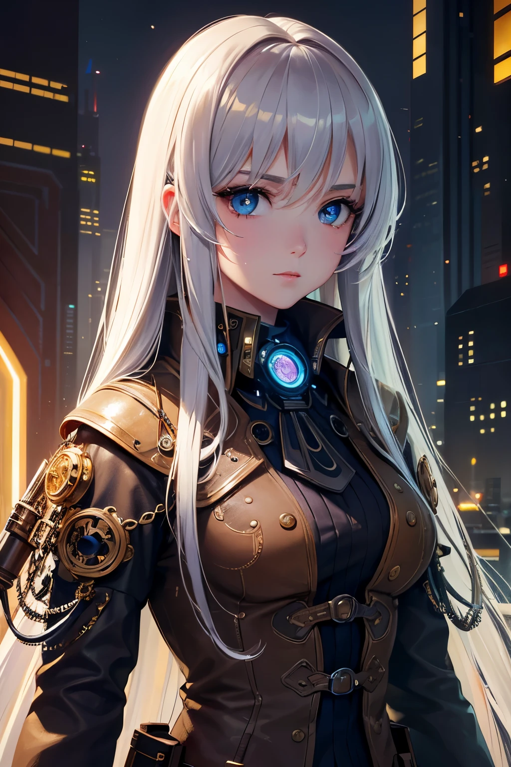 8K quality:1.2,1girl,sense of deps,disorganized,catch light,Super beautiful illustration,long straight hair,beautiful face,detailed face,Super beautiful woman,steampunk,adventurer.covered in endless gears,vapor,near future,SF,pipe,vapor町,Rebar