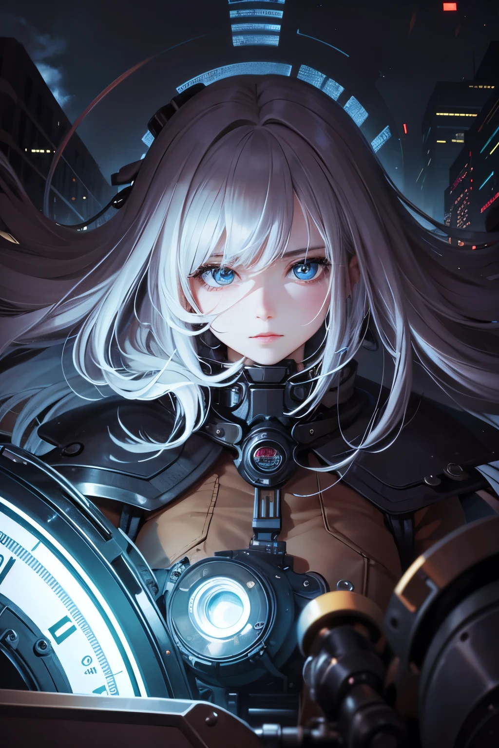 8K quality:1.2,1girl,sense of deps,disorganized,catch light,Super beautiful illustration,long straight hair,beautiful face,detailed face,Super beautiful woman,steampunk,adventurer.covered in endless gears,vapor,near future,SF,pipe,vacuum tube,Rebar,vapor町