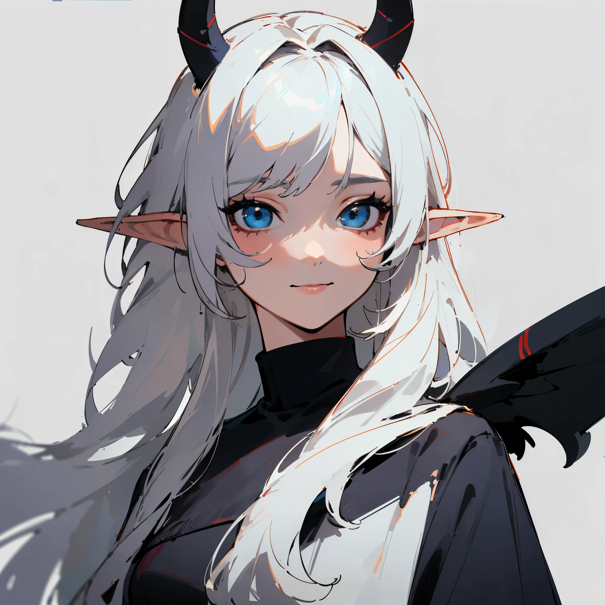 (Masterpiece, Top Quality, Best Quality, Official Art, Beauty and Aesthetics: 1.2), (Flat Color: 1.3), Very Detailed, Detailed Face and Eyes, Cinematic Light, SFW, Anime, Depth of Field, 1 Girl, Nervous Smile, Solo, Official, White Hair, Elf Ears, Long Messy Hair, Blue Eyes, Black Eye Shadow, Medium Tits, Black Horns, Black,Black Turtleneck