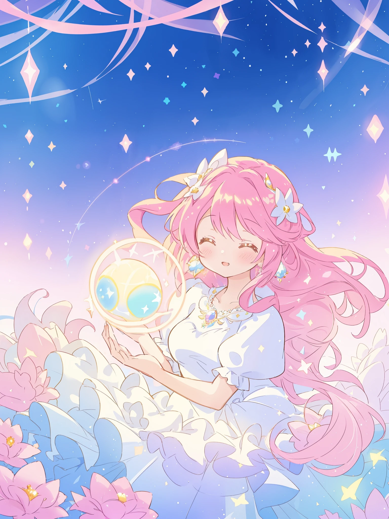 beautiful girl in sparkling white dress holding a magical sphere, ((sparkling puffy layered ballgown)), (magical, whimsical), (glowing magical orb), long flowing colorful hair, colorful fantasia background, watercolor illustration, disney art style, glowing aura around her, glowing lights, beautiful digital illustration, fantasia otherworldly landscape plants flowers, beautiful, masterpiece, best quality, anime disney style