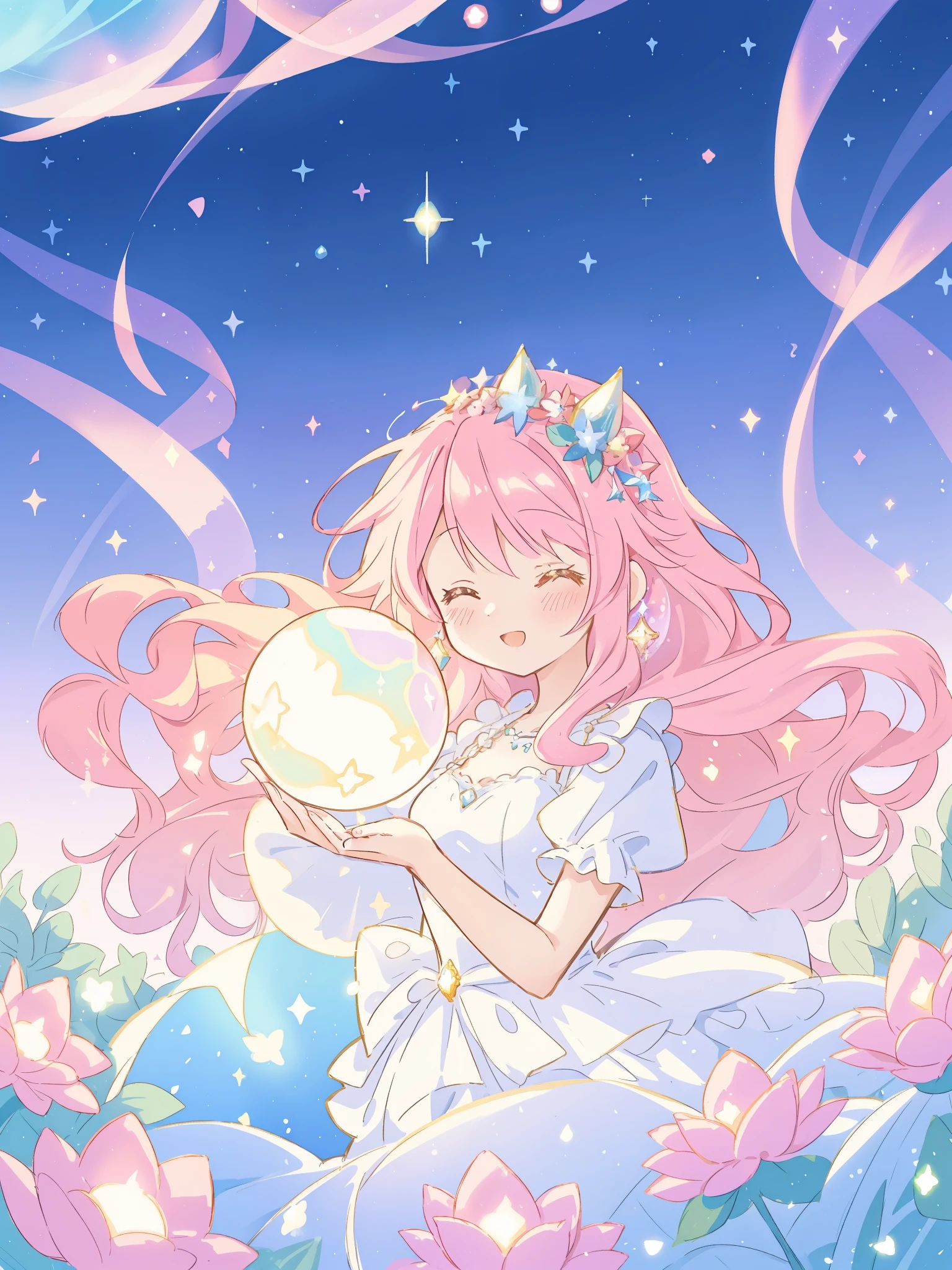 beautiful girl in sparkling white dress holding a magical sphere, ((sparkling puffy layered ballgown)), (magical, whimsical), (glowing magical orb), long flowing colorful hair, colorful fantasia background, watercolor illustration, disney art style, glowing aura around her, glowing lights, beautiful digital illustration, fantasia otherworldly landscape plants flowers, beautiful, masterpiece, best quality, anime disney style