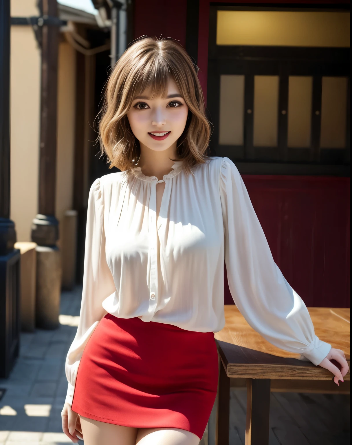 soft light, (((medium hair:1.3), short bangs, Floating hair NovaFrogStyle)), ((ultimate beautiful wife)), 20th generation, detailed eye, (Big eyes:1.3), lip details, 非常にdetailed eyeと顔, beautifully detailed nose, fine and beautiful eyes, long eyelashes, light shines on your face, (parted lips:1.2), (beautiful white teeth:1.3), mature face, ((big and full breasts)), realistic face, realistic body, thick and beautiful thighs, (red blouse:1.3)、(red tight micro miniskirt:1.4)、The chest of the blouse is wide open、The whole body to the toes、stockings、(cowboy shot:1.3), ((written boundary depth))、With background:((Ginza town, Tokyo))、(Raw photo, highest quality), (realistic, Photoreal:1.3), table top, very delicate and beautiful, very detailed, nffsw, unity , 2k wallpaper, wonderful, small details, light smile, Highly detailed ticker unity 8k wallpaper, huge file size, Super detailed, High resolution, absurd,