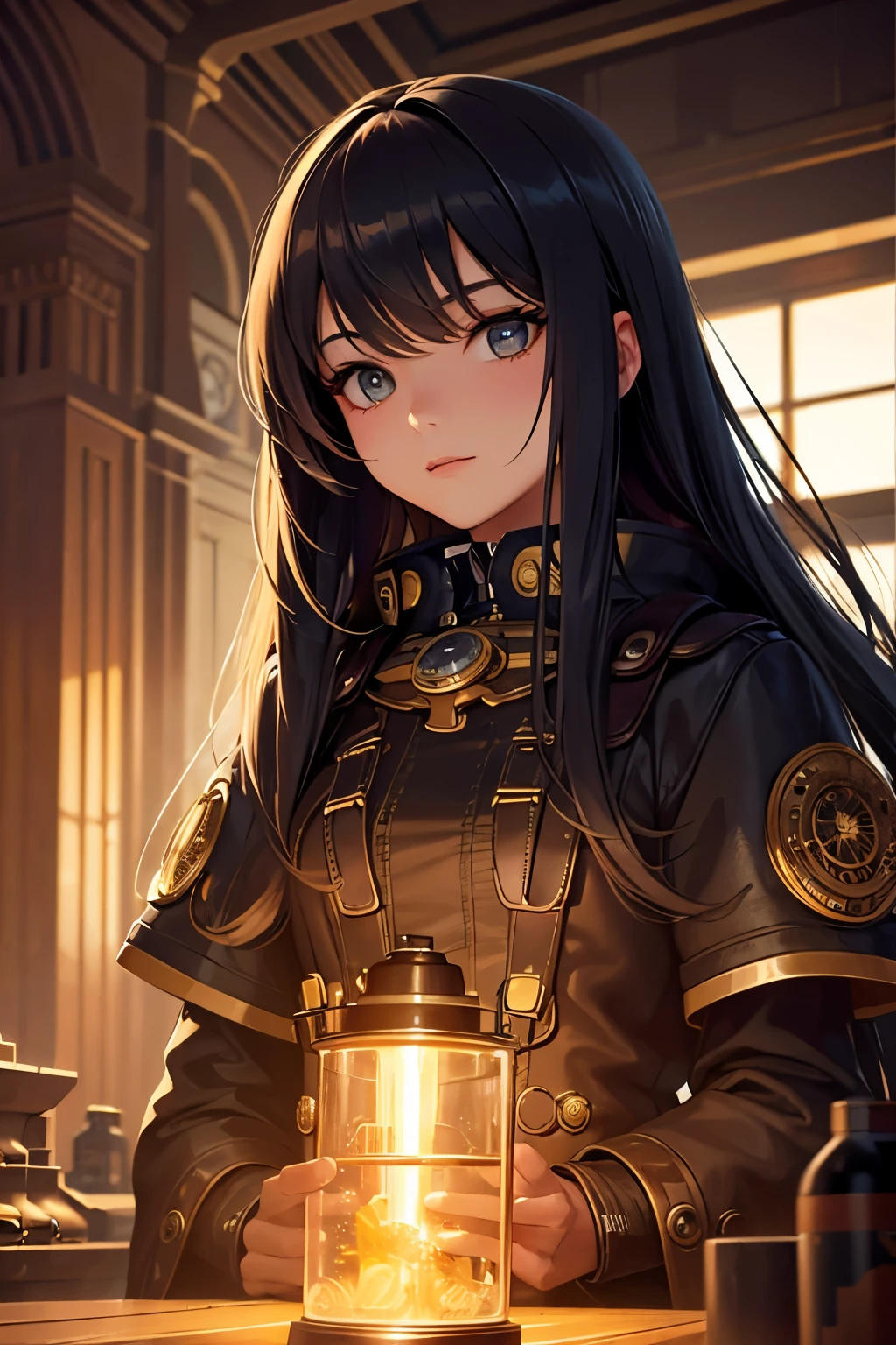 8K quality:1.2,1girl,sense of deps,disorganized,catch light,Super beautiful illustration,long straight hair,beautiful face,detailed face,Super beautiful woman,steampunk,adventurer.covered in endless gears,vapor,near future,SF,pipe,vacuum tube,Rebar,vapor町