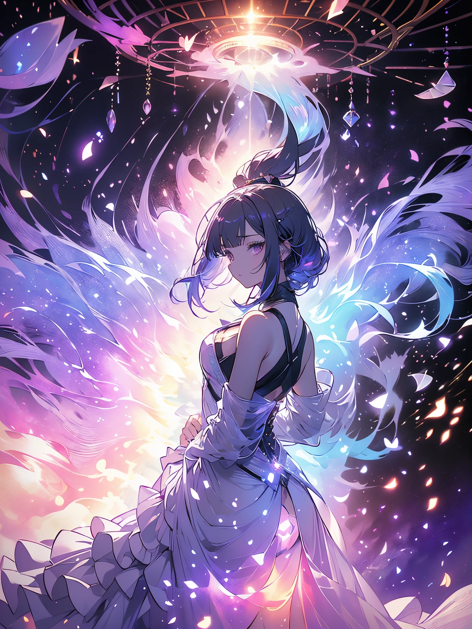 elegant girl, sitting in a badass pose, (((there is smoke around her, purple and black smoke, in a circle, using white transparent dress))), short bob hair, white hair, fireflies and cherry blossoms, (((small breasts, big ass, thick muscle thigh))), low light gradient, {extremely detailed 16k CG unit wallpaper}, expansive landscape photography, (a low view with focus on the scenery), (wide view of open field), ( low angle photo), (high light: 1.2), (low light: 1.2), (warm light source: 1.2), complex details, (iridescent colors: 1.5), (bright lighting), (atmospheric lighting), Dreamy , single,
