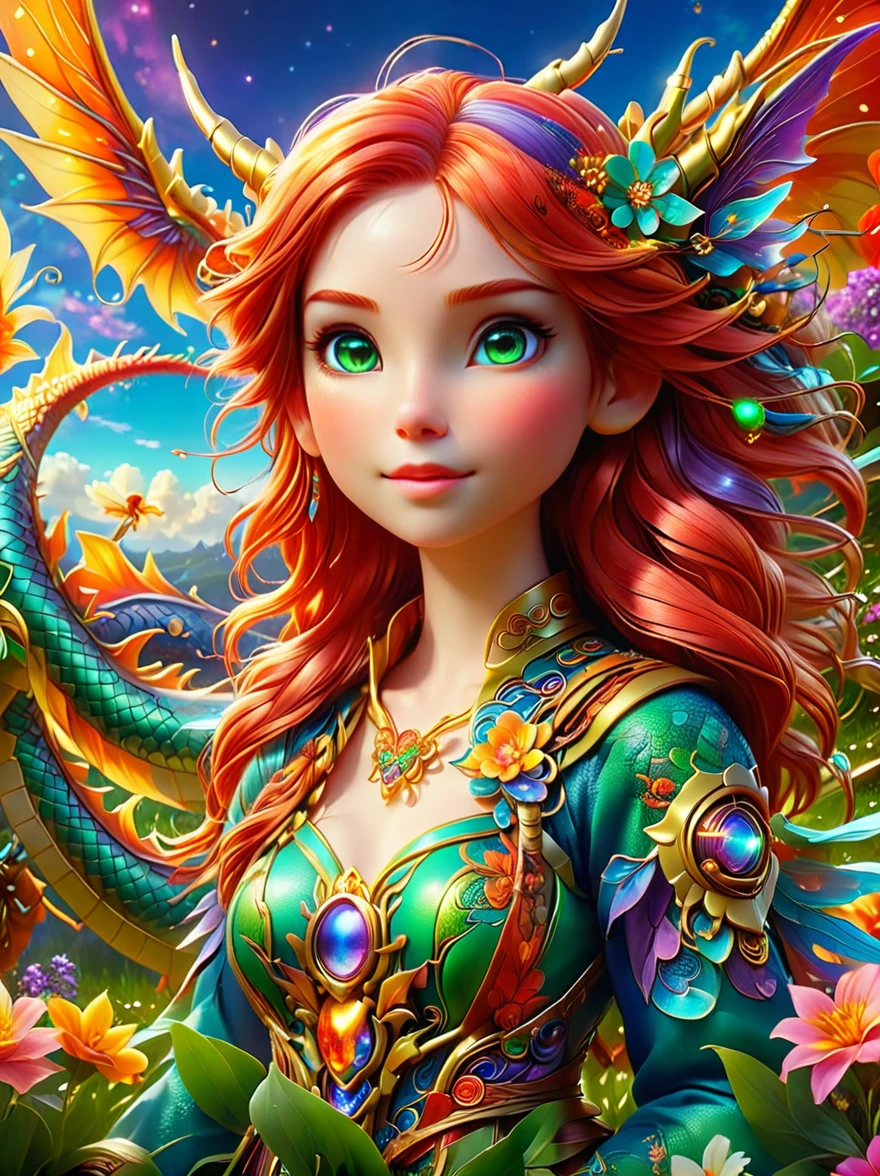 (彩虹色花草甸中休憩的Mecha Fairy:1.6)，whole body，Exquisite and beautiful（Super fine、masterpiece、best quality：1.4）1girl, Mecha Fairy，dynamic angle（Thinnest、masterpiece、best quality）、Best detailed face（most detailed，masterpiece，best quality：1.5），ultra-feminine（most detailed，masterpiece，best quality），Dragon Wings，Red hair，long hair，braid，Dynamic eye color，（Wearing a mecha：1.4），Rest in（Rainbow colored flower meadow：1.6），Full Color，（perfect spectrum：1.3），（Vibrant work：1.4）vibrant red，orange color，，green，blue，indigo，purple daylight，Sun rise，high detail，fantasy art, RPG 艺术best quality, 16k, [Super detailed], masterpiece, best quality, whole body, ultra wide angle lens, Realism, Mecha girl, anatomically correct, textured skin, high detail, 8k