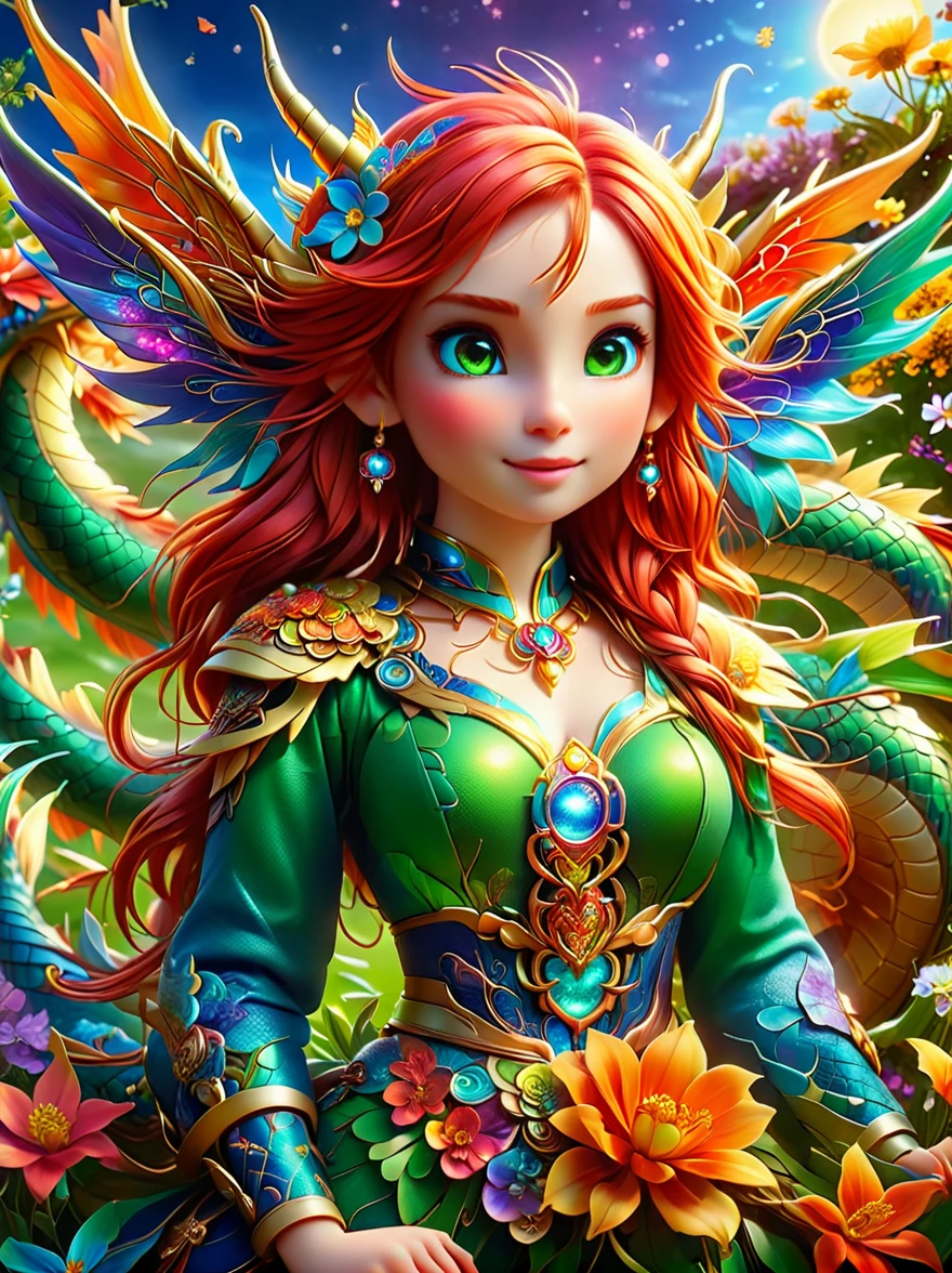 (彩虹色花草甸中休憩的Mecha Fairy:1.6)，whole body，Exquisite and beautiful（Super fine、masterpiece、best quality：1.4）1girl, Mecha Fairy，dynamic angle（Thinnest、masterpiece、best quality）、Best detailed face（most detailed，masterpiece，best quality：1.5），ultra-feminine（most detailed，masterpiece，best quality），Dragon Wings，Red hair，long hair，braid，Dynamic eye color，（Wearing a mecha：1.4），Rest in（Rainbow colored flower meadow：1.6），Full Color，（perfect spectrum：1.3），（Vibrant work：1.4）vibrant red，orange color，，green，blue，indigo，purple daylight，Sun rise，high detail，fantasy art, RPG 艺术best quality, 16k, [Super detailed], masterpiece, best quality, whole body, ultra wide angle lens, Realism, Mecha girl, anatomically correct, textured skin, high detail, 8k