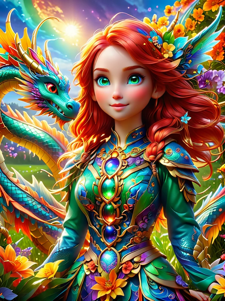 (彩虹色花草甸中休憩的Mecha Fairy:1.6)，whole body，Exquisite and beautiful（Super fine、masterpiece、best quality：1.4）1girl, Mecha Fairy，dynamic angle（Thinnest、masterpiece、best quality）、Best detailed face（most detailed，masterpiece，best quality：1.5），ultra-feminine（most detailed，masterpiece，best quality），Dragon Wings，Red hair，long hair，braid，Dynamic eye color，（Wearing a mecha：1.4），Rest in（Rainbow colored flower meadow：1.6），Full Color，（perfect spectrum：1.3），（Vibrant work：1.4）vibrant red，orange color，，green，blue，indigo，purple daylight，Sun rise，high detail，fantasy art, RPG 艺术best quality, 16k, [Super detailed], masterpiece, best quality, whole body, ultra wide angle lens, Realism, Mecha girl, anatomically correct, textured skin, high detail, 8k