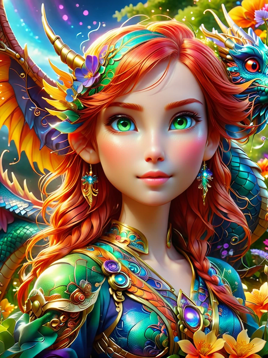 (彩虹色花草甸中休憩的Mecha Fairy:1.6)，whole body，Exquisite and beautiful（Super fine、masterpiece、best quality：1.4）1girl, Mecha Fairy，dynamic angle（Thinnest、masterpiece、best quality）、Best detailed face（most detailed，masterpiece，best quality：1.5），ultra-feminine（most detailed，masterpiece，best quality），Dragon Wings，Red hair，long hair，braid，Dynamic eye color，（Wearing a mecha：1.4），Rest in（Rainbow colored flower meadow：1.6），Full Color，（perfect spectrum：1.3），（Vibrant work：1.4）vibrant red，orange color，，green，blue，indigo，purple daylight，Sun rise，high detail，fantasy art, RPG 艺术best quality, 16k, [Super detailed], masterpiece, best quality, whole body, ultra wide angle lens, Realism, Mecha girl, anatomically correct, textured skin, high detail, 8k