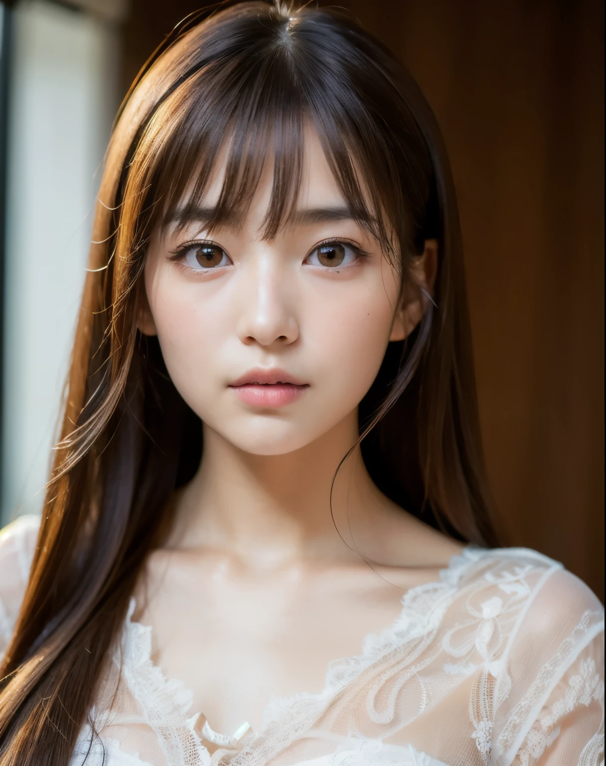 best quality, face focus, soft light, ultra high res, (photorealistic:1.4), RAW photo,
1japanese girl, solo, cute, (pupil, lights in the eyes),  detailed beautiful face, (),(high resolution detail of human skin texture),
(long hair),
indoor,
Damask Shirt Dress,
(portrait)