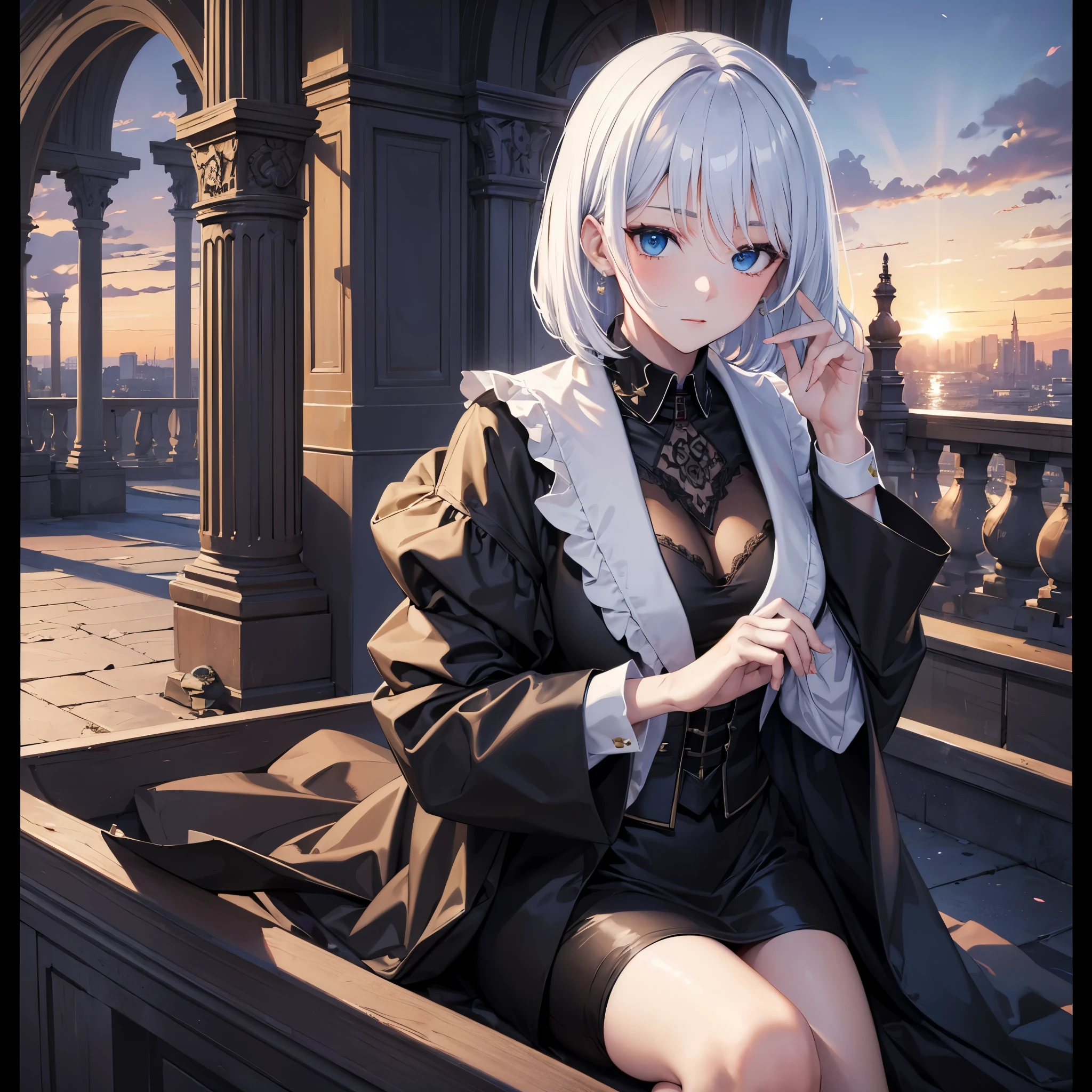 (masterpiece, best quality, high detailed illustration, 8k uhd) A woman wearing a black suit, short white hair, blue eyes, outside a large mansion at sunset
