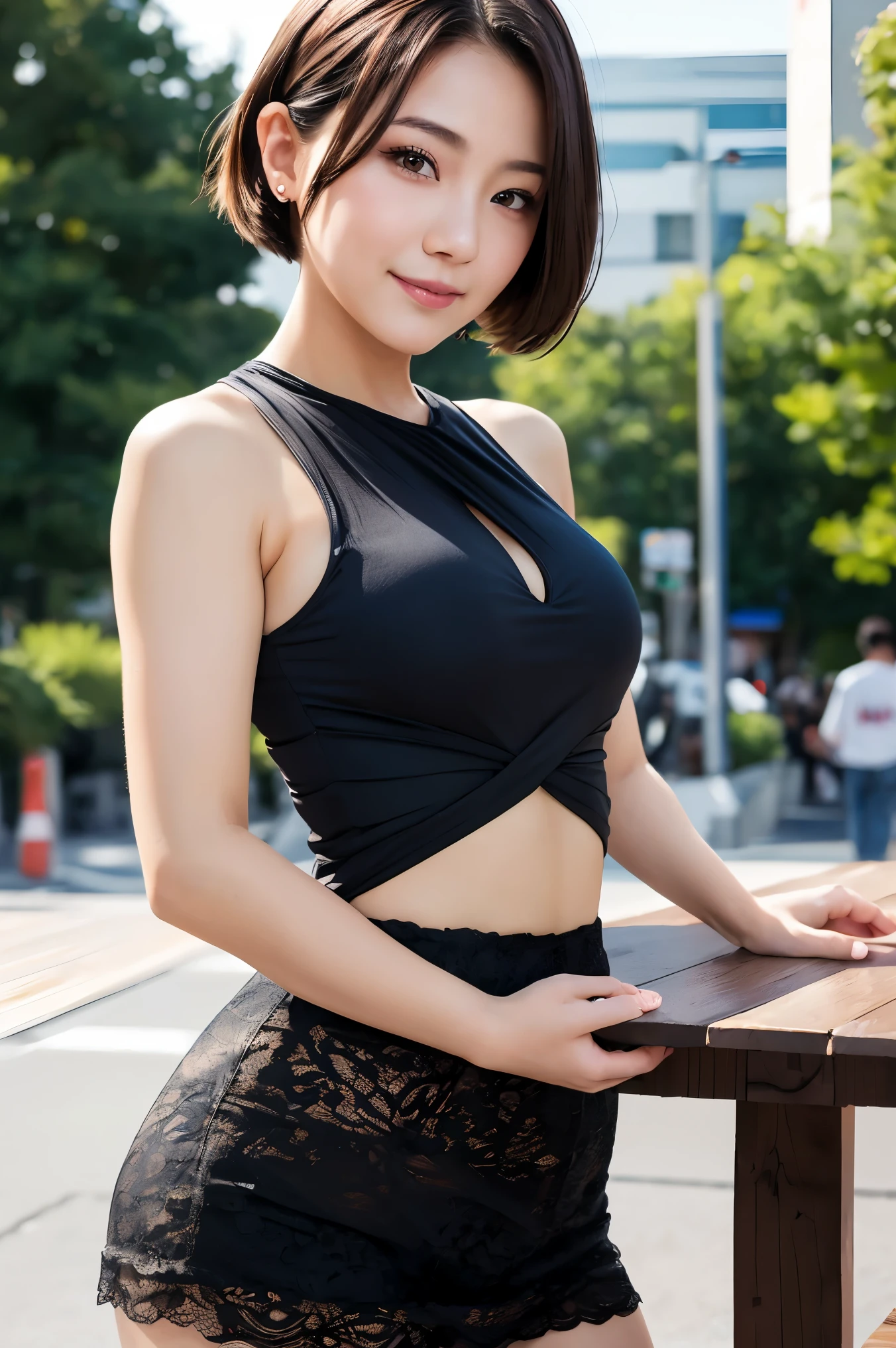 table top, highest quality, super detailed, finely, High resolution, 8k wallpaper, perfect dynamic composition, detailed and beautiful eyes, Women's fashion, very short hair, , natural color lip, bold sexy pose, smile, Harajuku, 20 year old girl, cute, sexy shot looking at camera